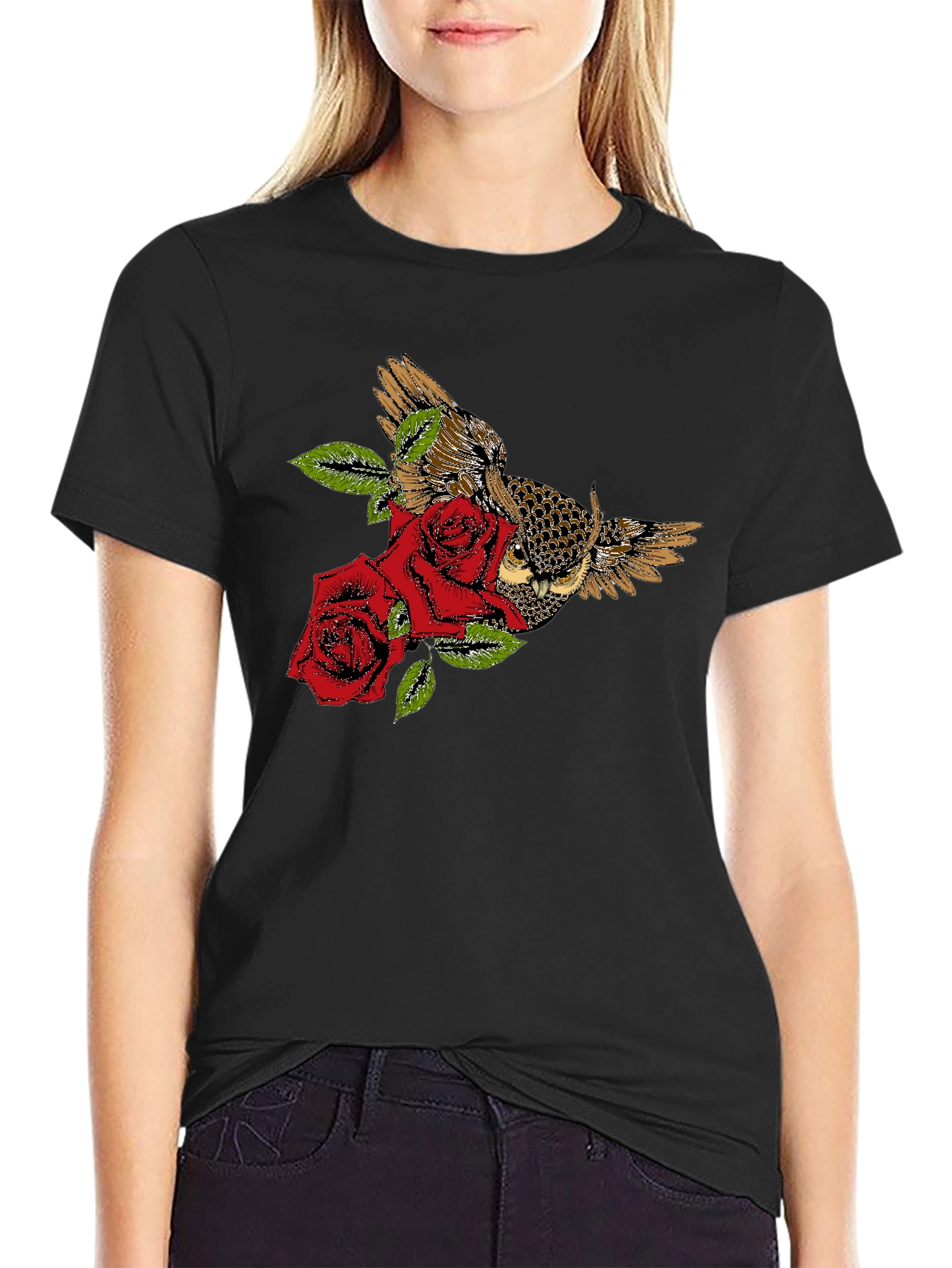 Owl and Roses Graphic T-Shirt - Black