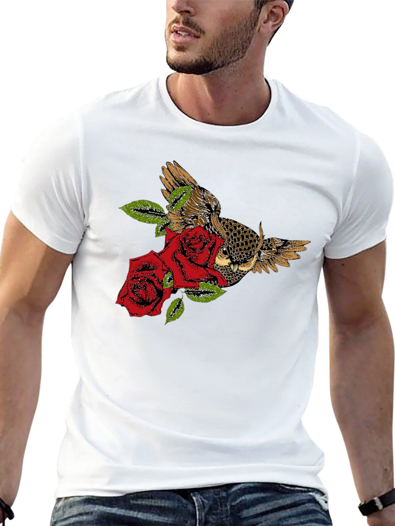 Owl and Roses Graphic T-Shirt - Black