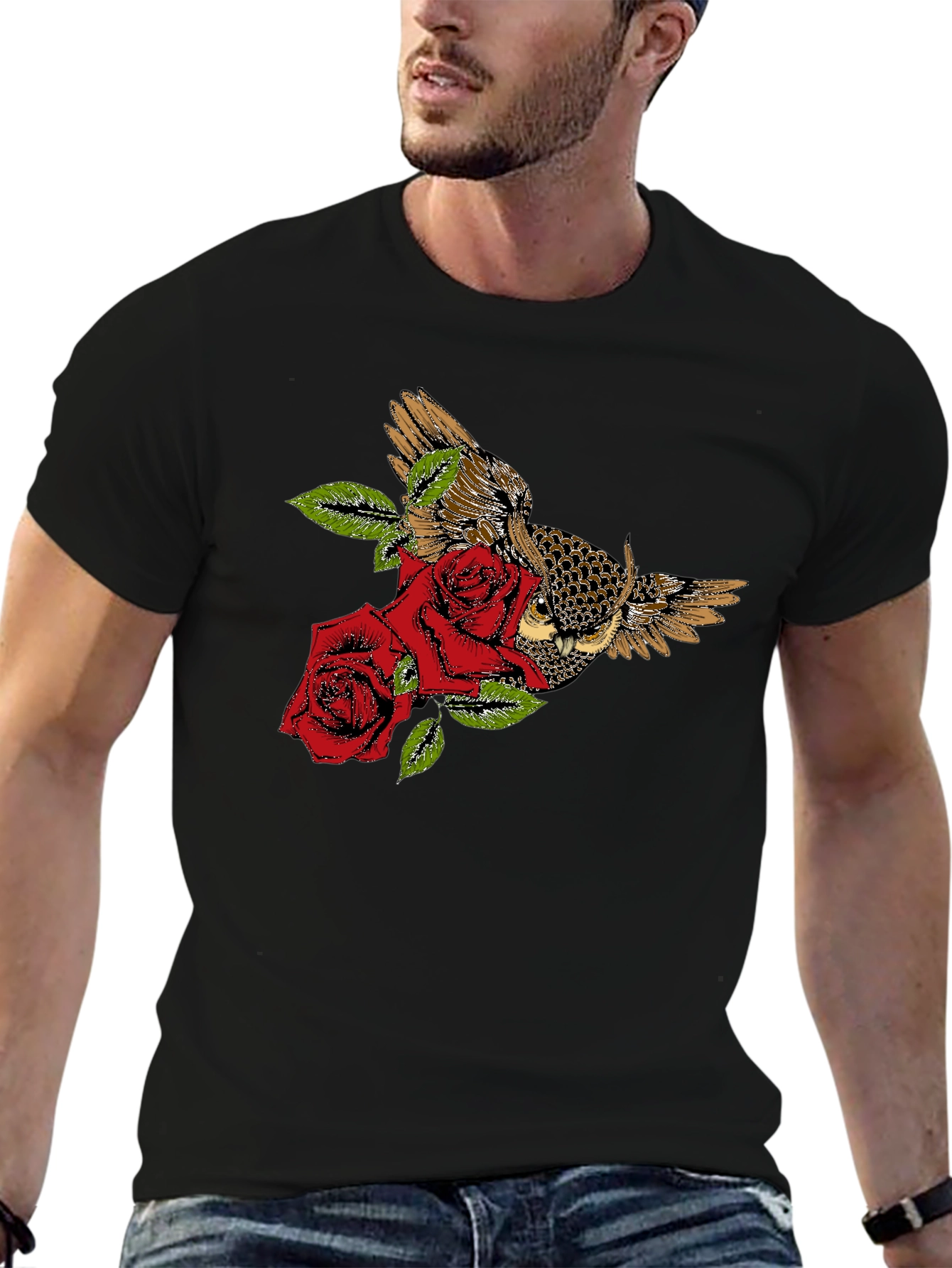 Owl and Roses Graphic T-Shirt - Black