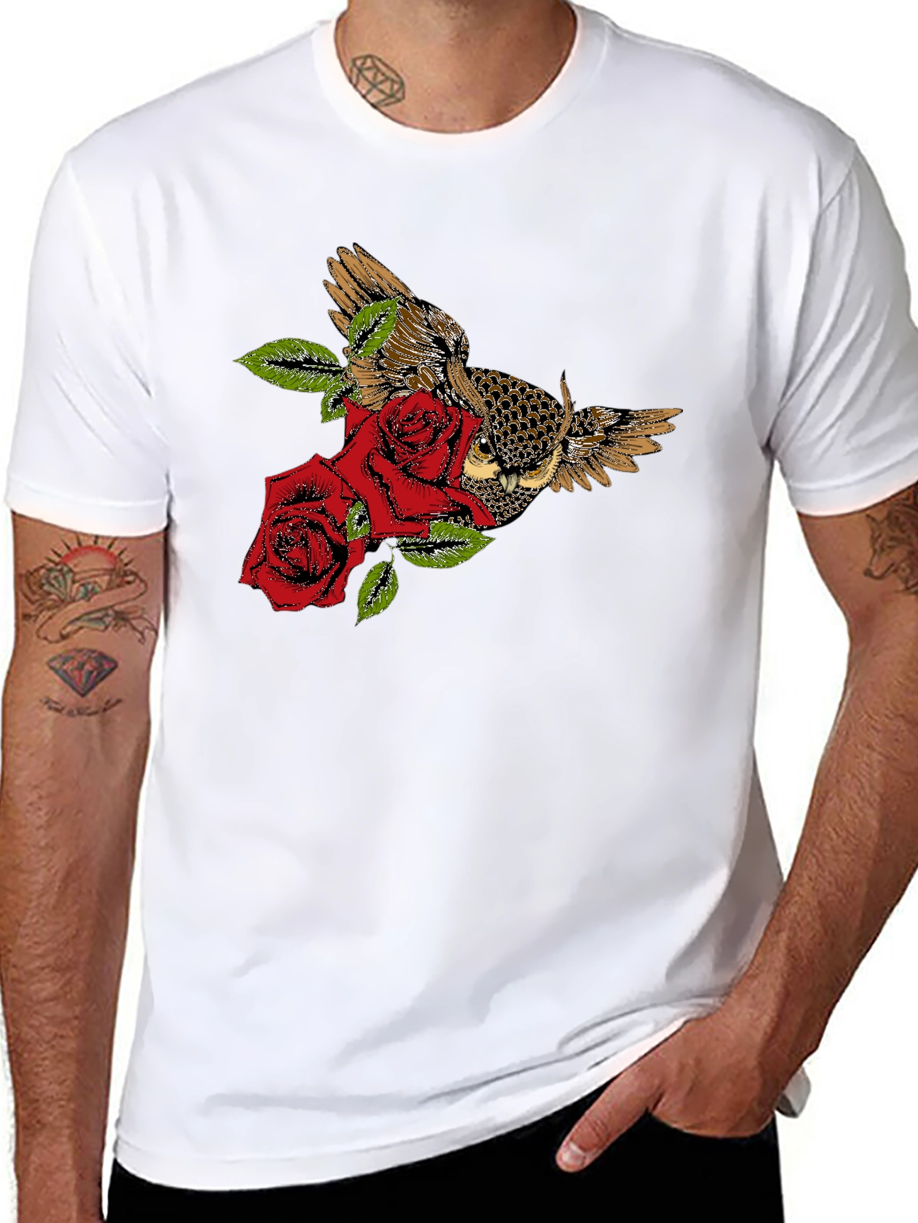 Owl and Roses Graphic T-Shirt - Black