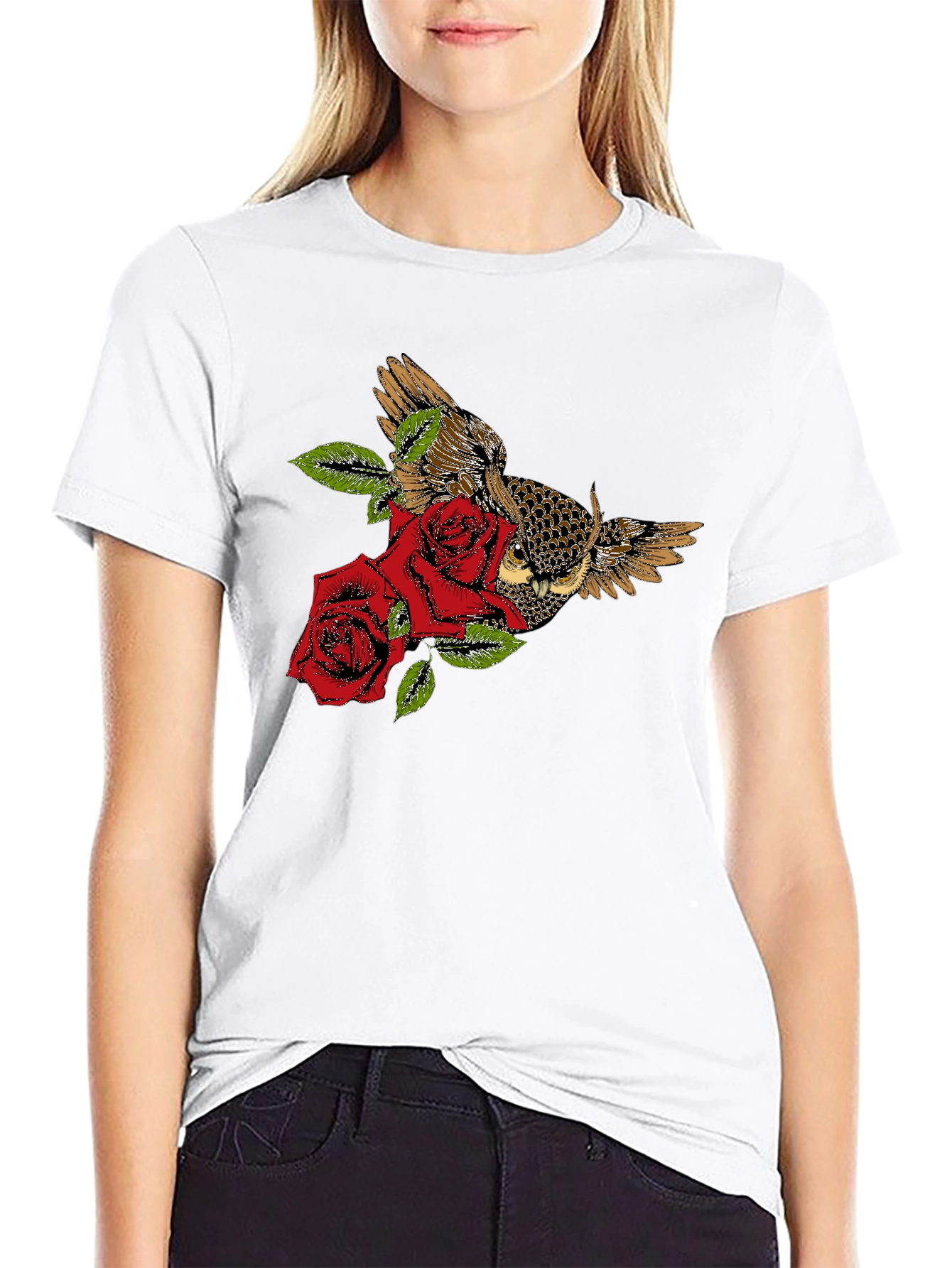 Owl and Roses Graphic T-Shirt - Black