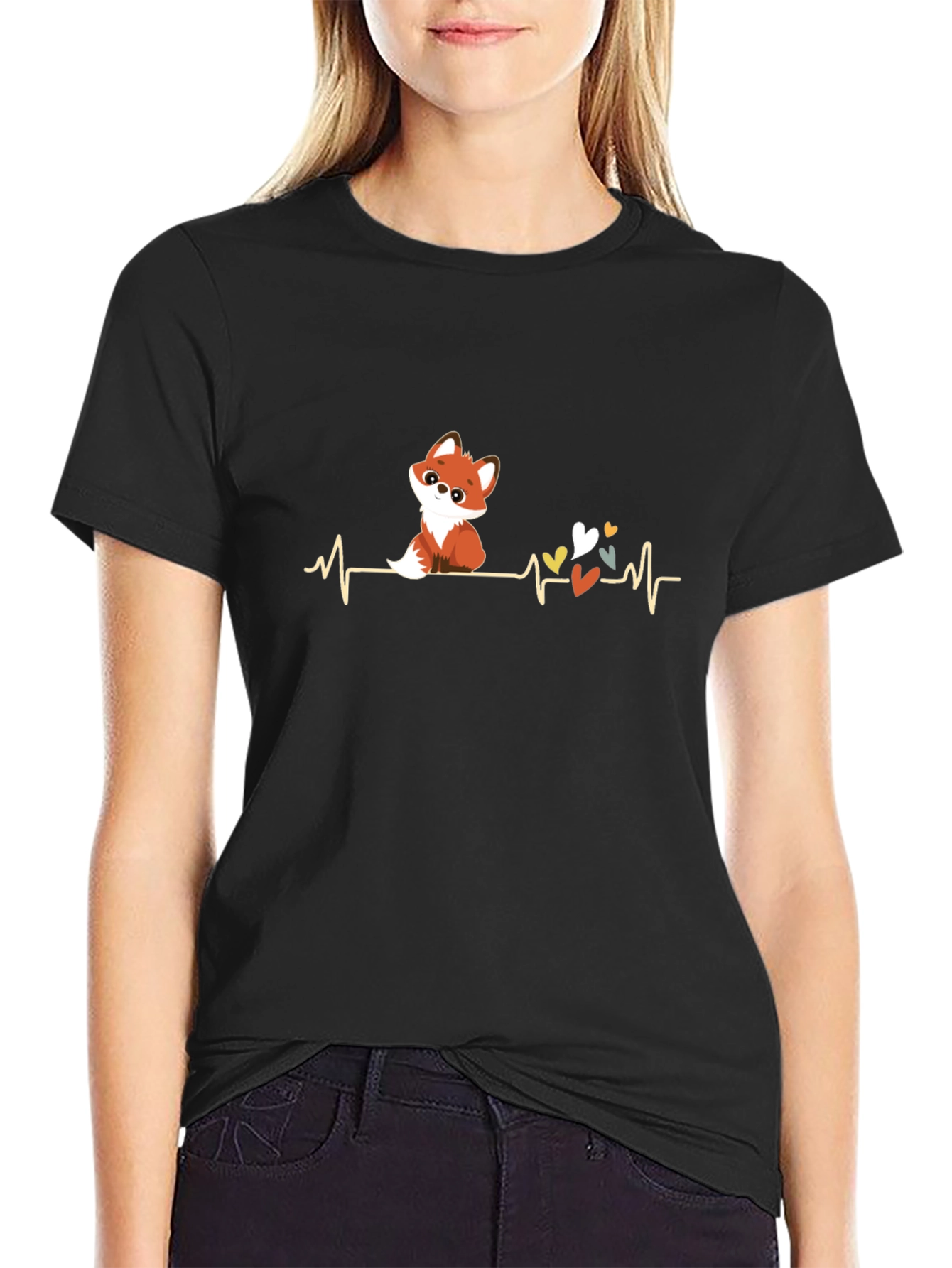 Cute Fox Heartbeat T-Shirt - Mens Black Tee
