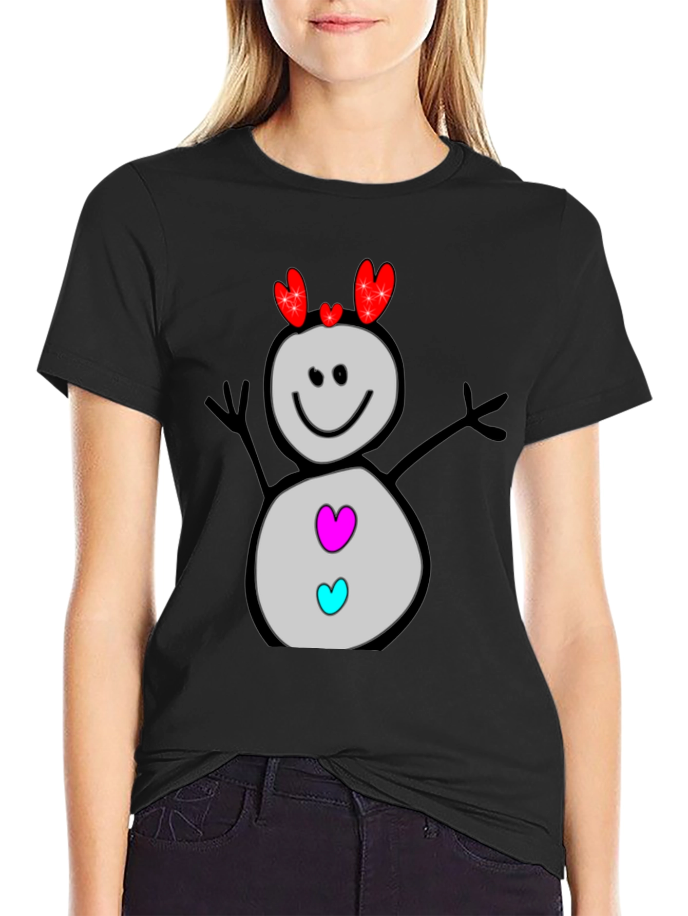 Heart Snowman Black Graphic Tee