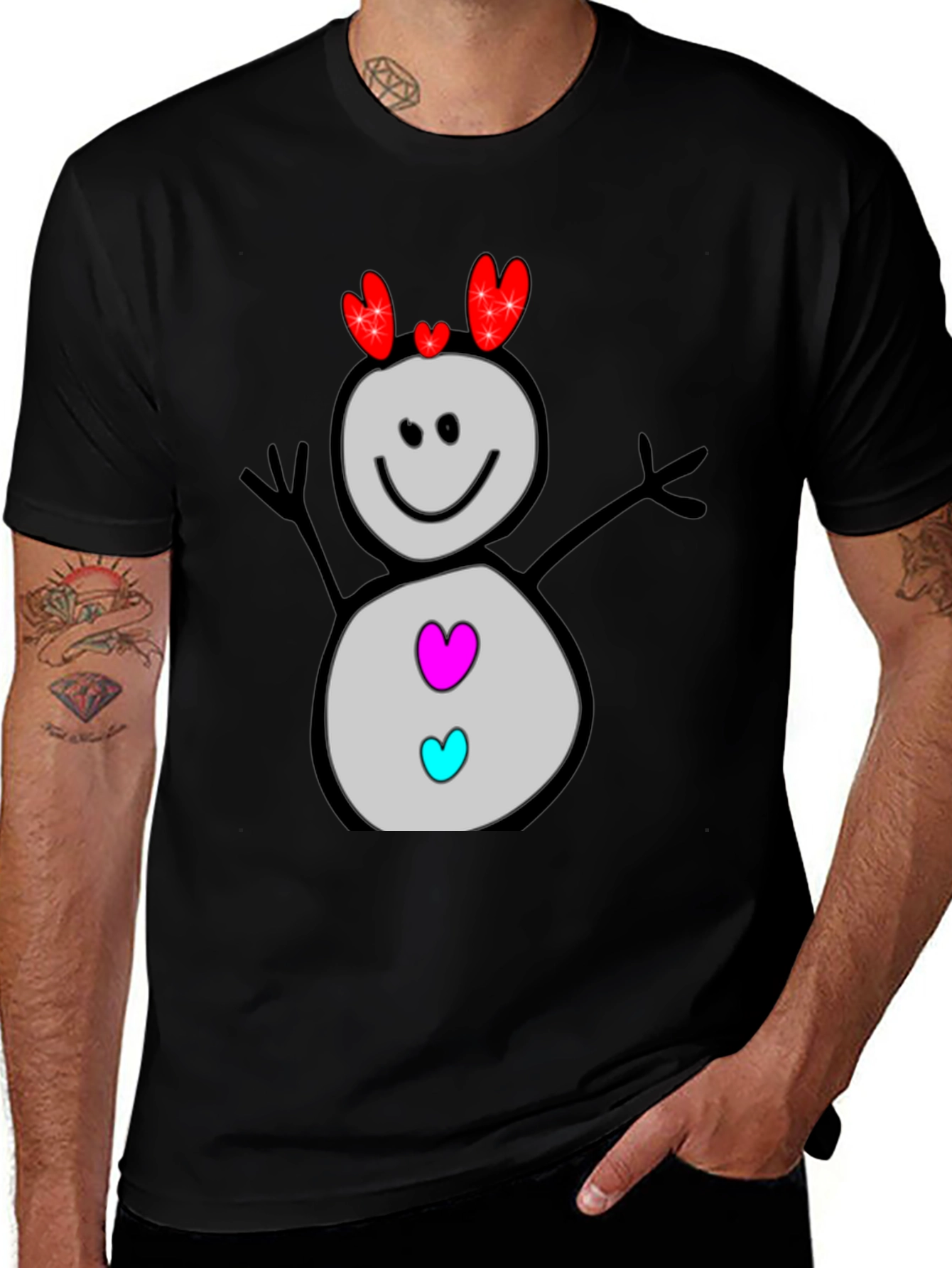 Heart Snowman Black Graphic Tee