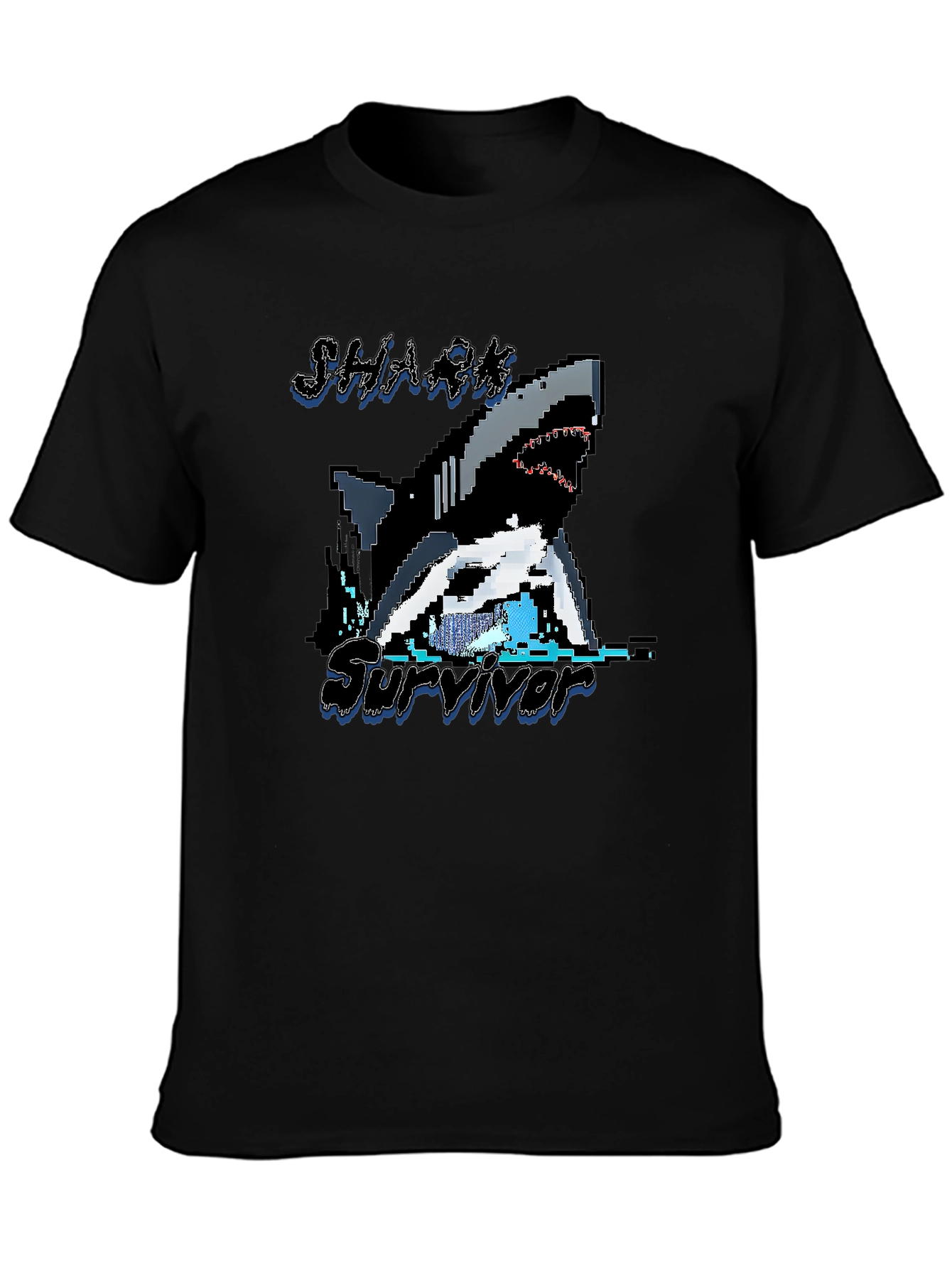 Pixel Shark Survivor T-Shirt - Black Graphic Tee