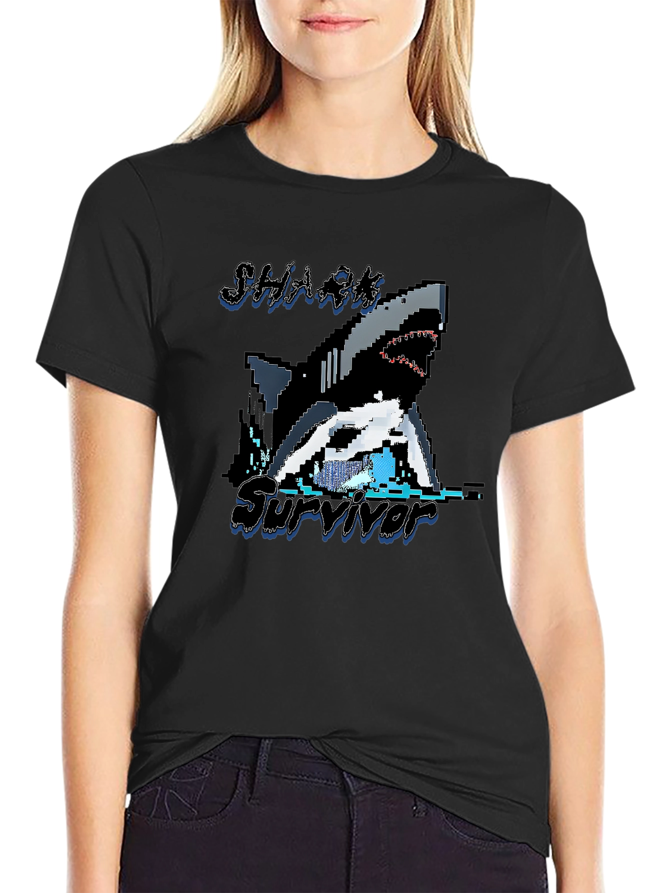 Pixel Shark Survivor T-Shirt - Black Graphic Tee