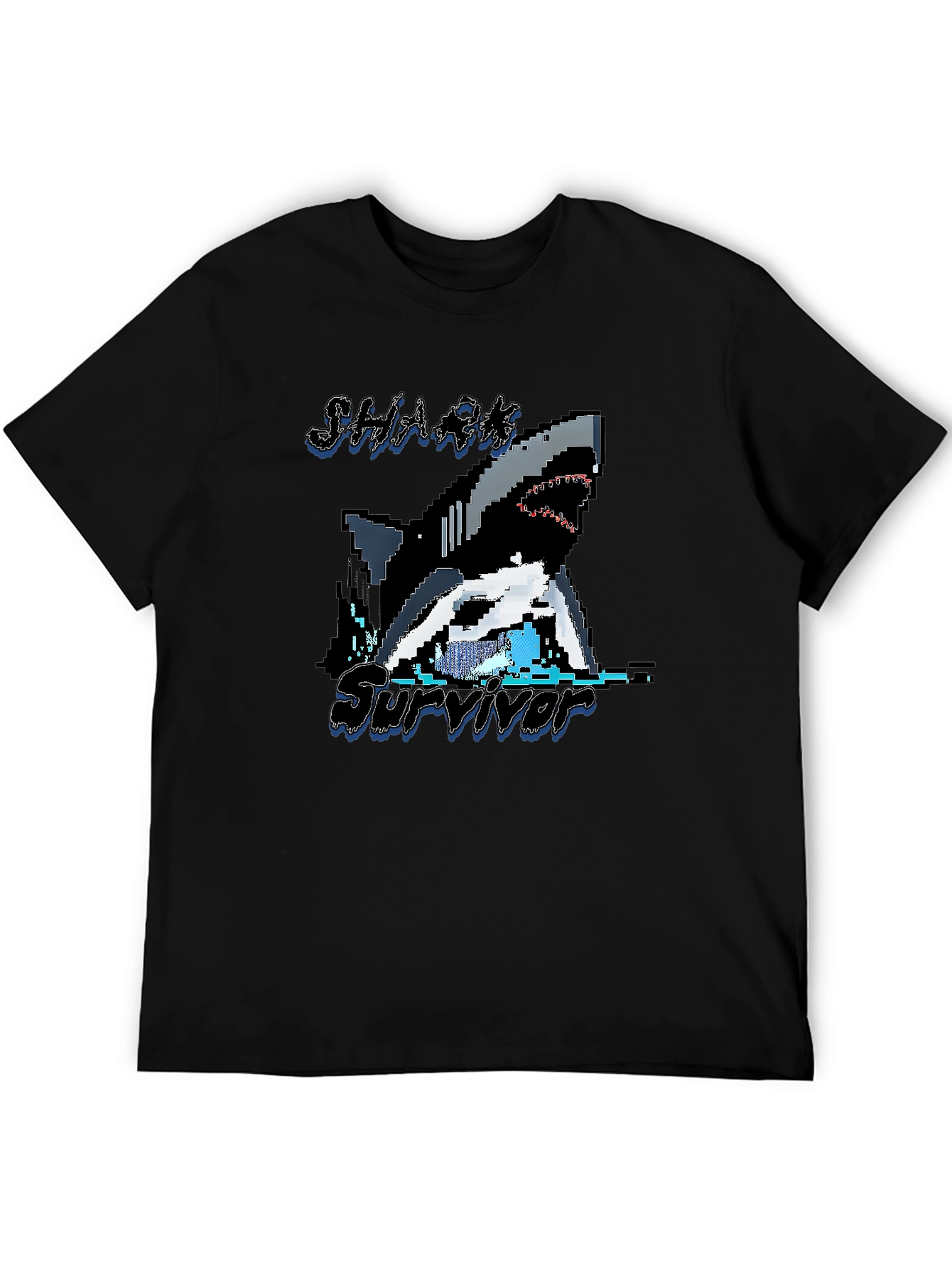 Pixel Shark Survivor T-Shirt - Black Graphic Tee