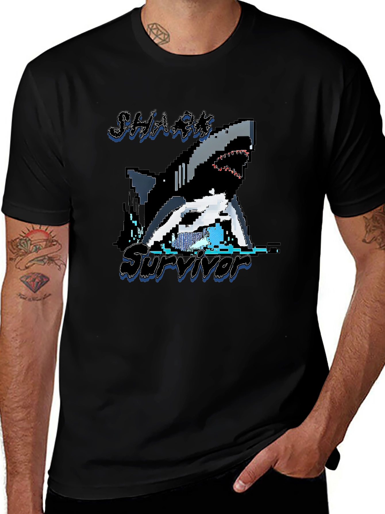 Pixel Shark Survivor T-Shirt - Black Graphic Tee