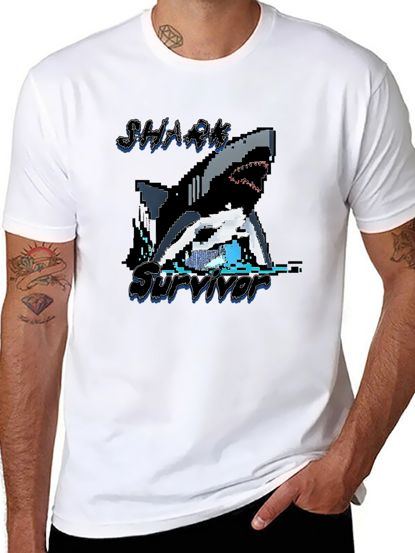 Pixel Shark Survivor T-Shirt - Black Graphic Tee