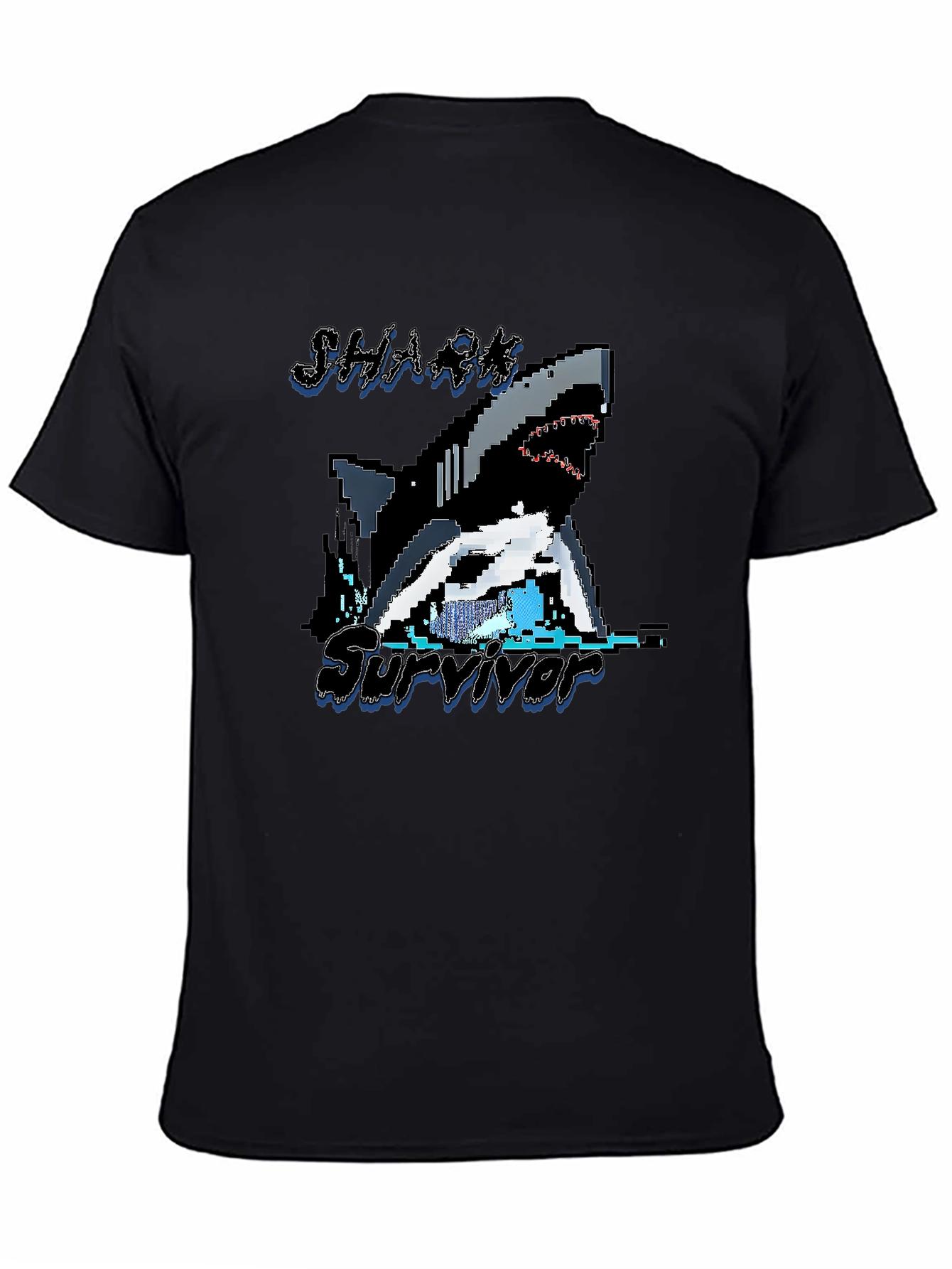 Pixel Shark Survivor T-Shirt - Black Graphic Tee