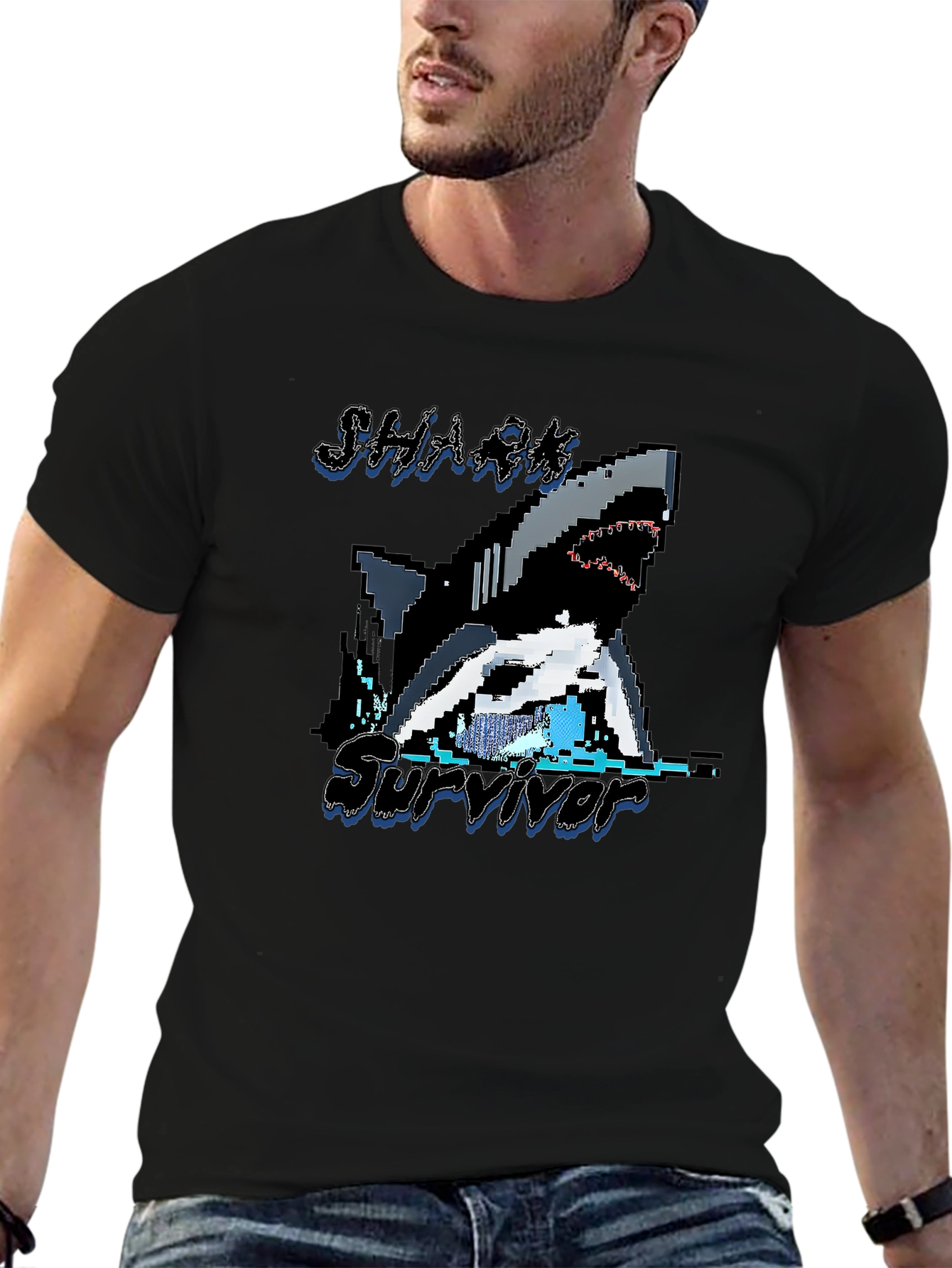 Pixel Shark Survivor T-Shirt - Black Graphic Tee