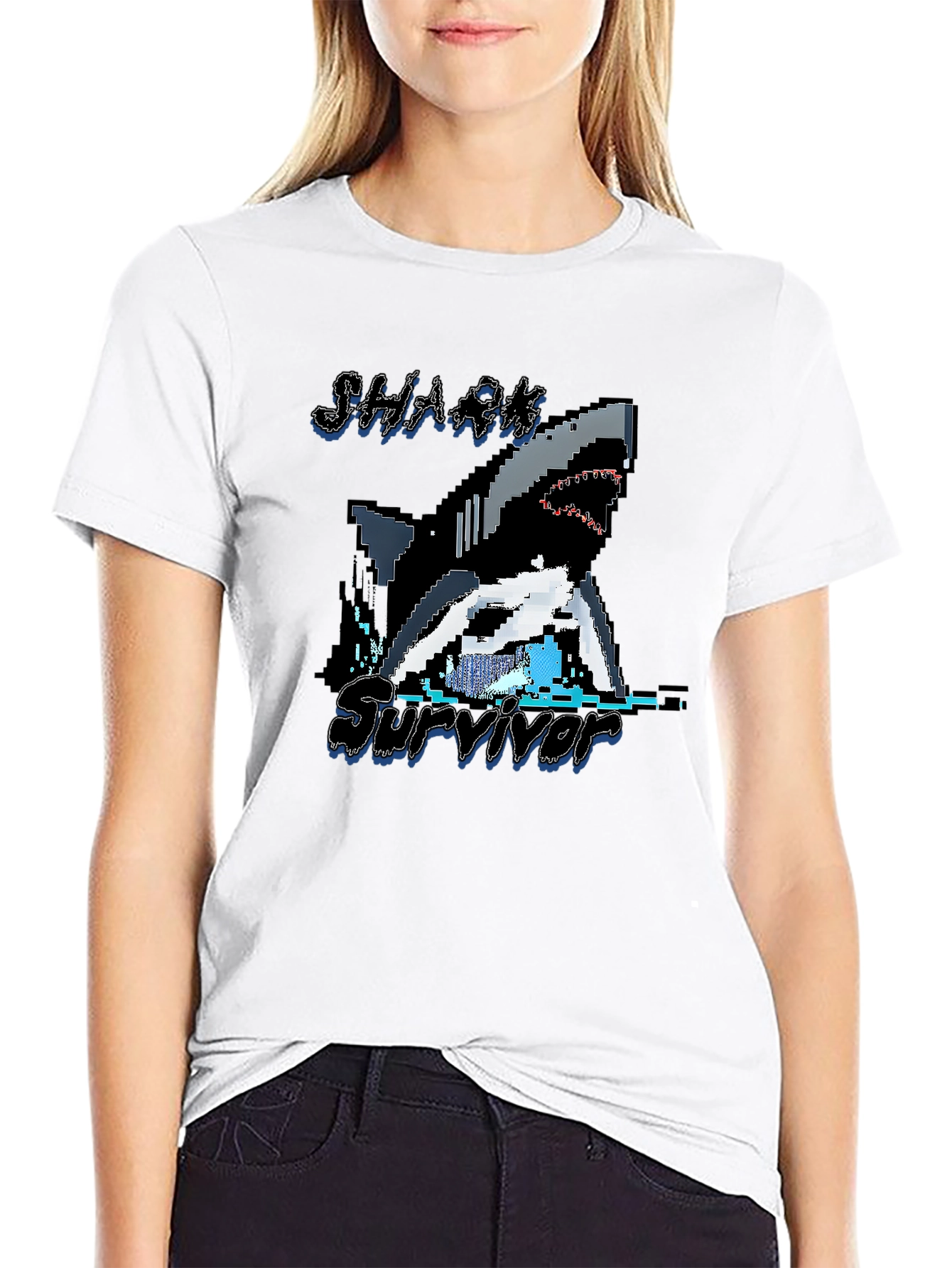 Pixel Shark Survivor T-Shirt - Black Graphic Tee