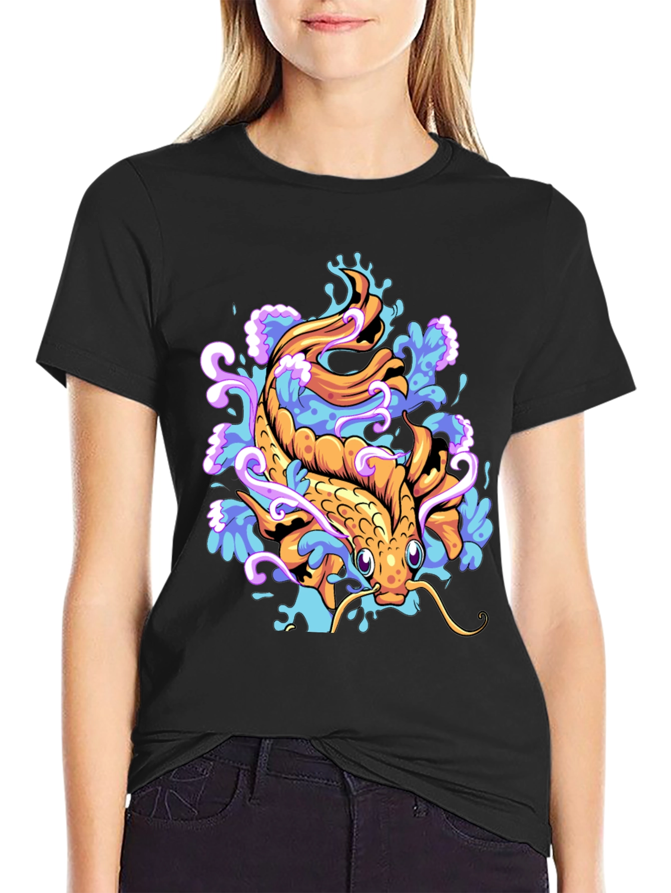 Koi Fish Graphic Tee - Black Cotton Blend