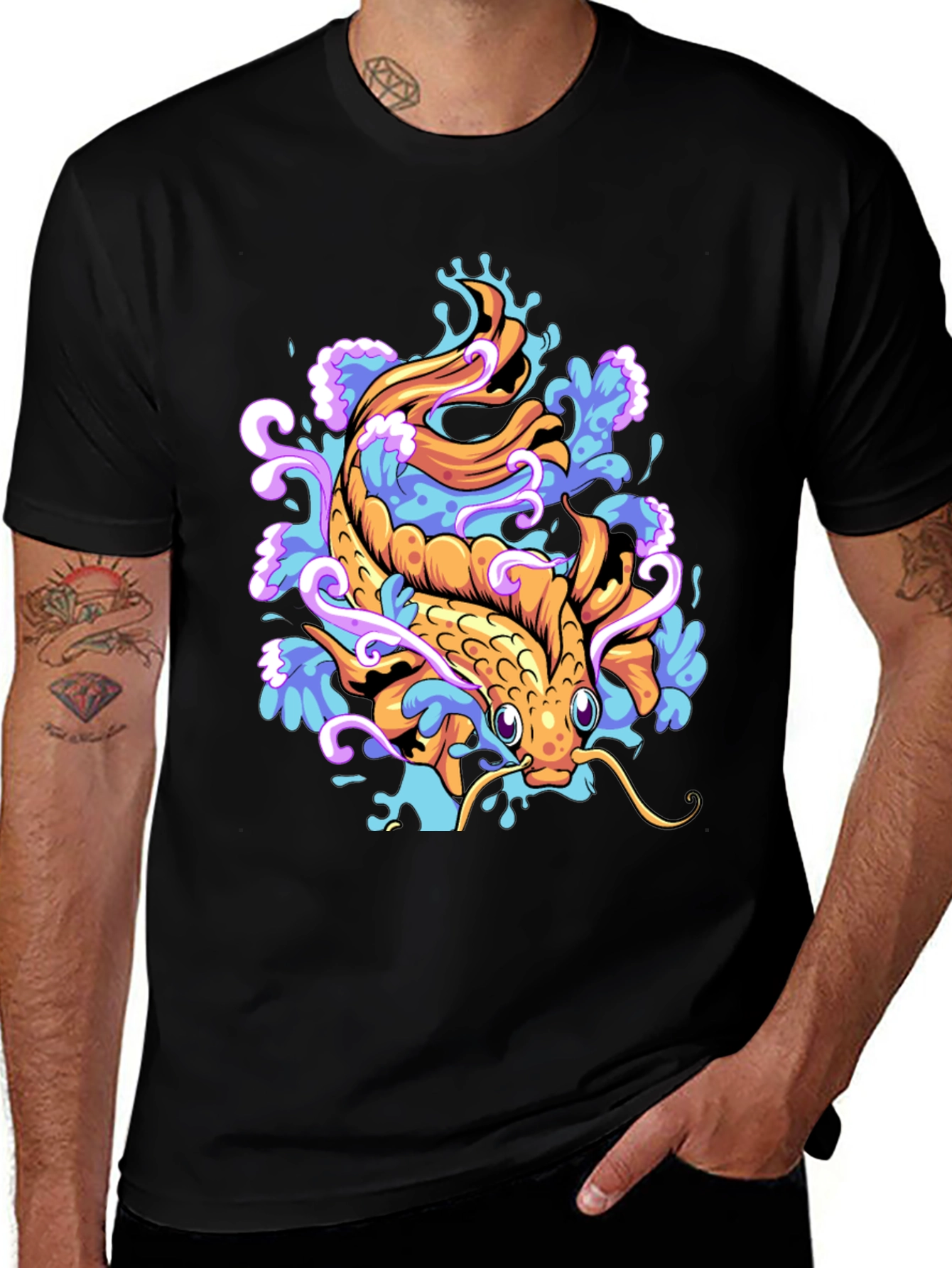 Koi Fish Graphic Tee - Black Cotton Blend