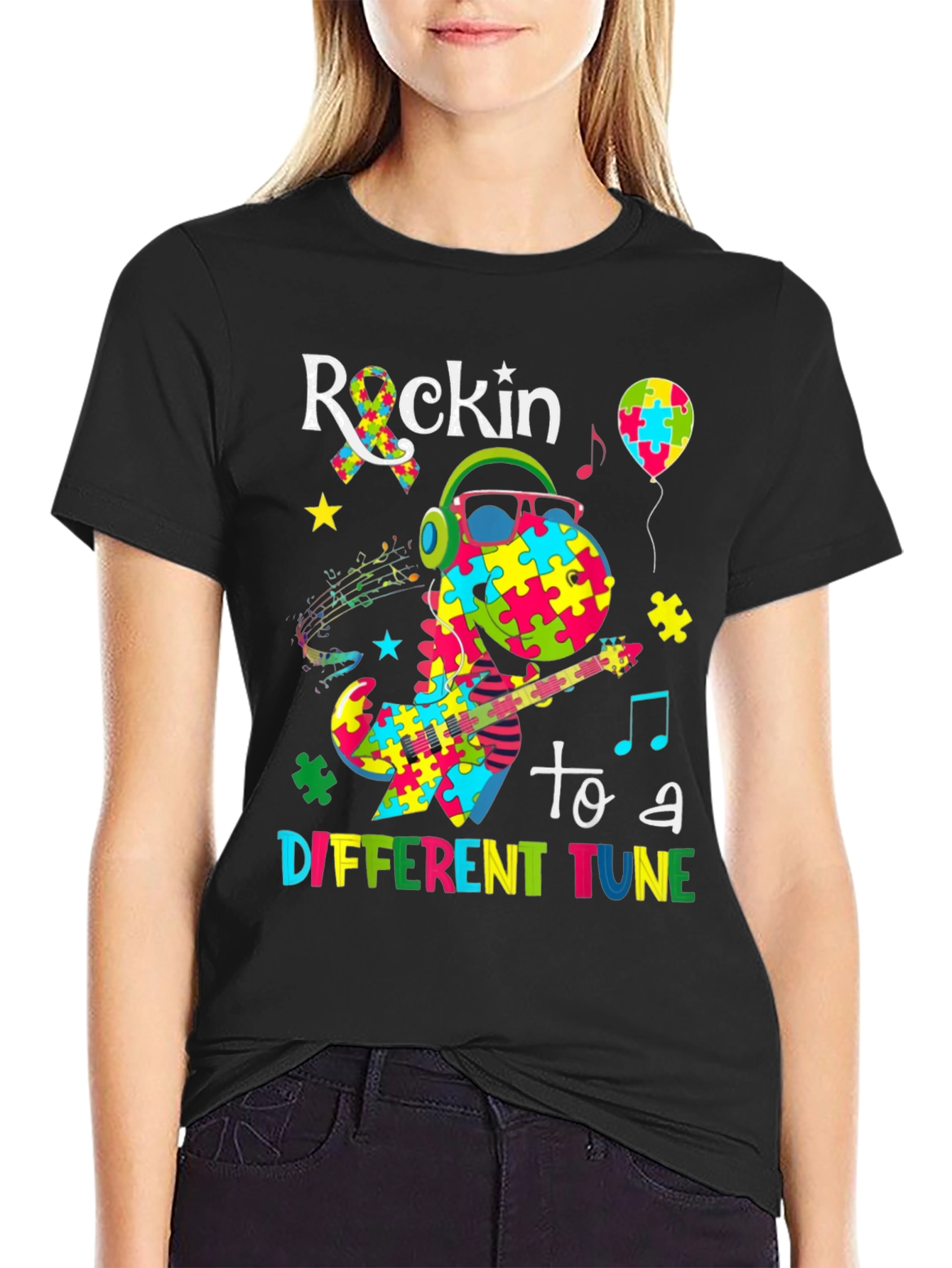 Rockin To A Different Tune Dinosaur Autism Awareness T-Shirt