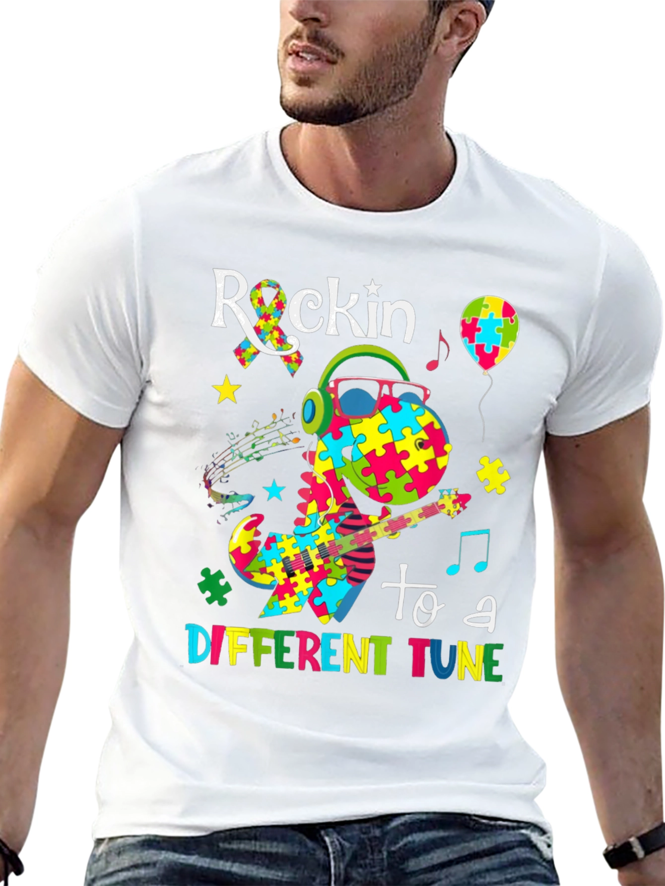Rockin To A Different Tune Dinosaur Autism Awareness T-Shirt