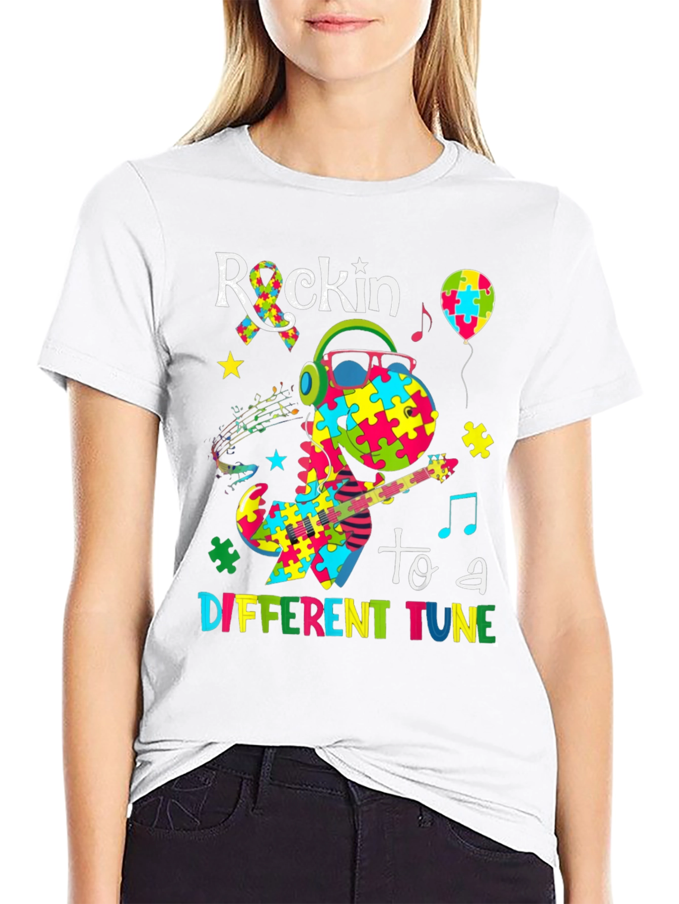 Rockin To A Different Tune Dinosaur Autism Awareness T-Shirt