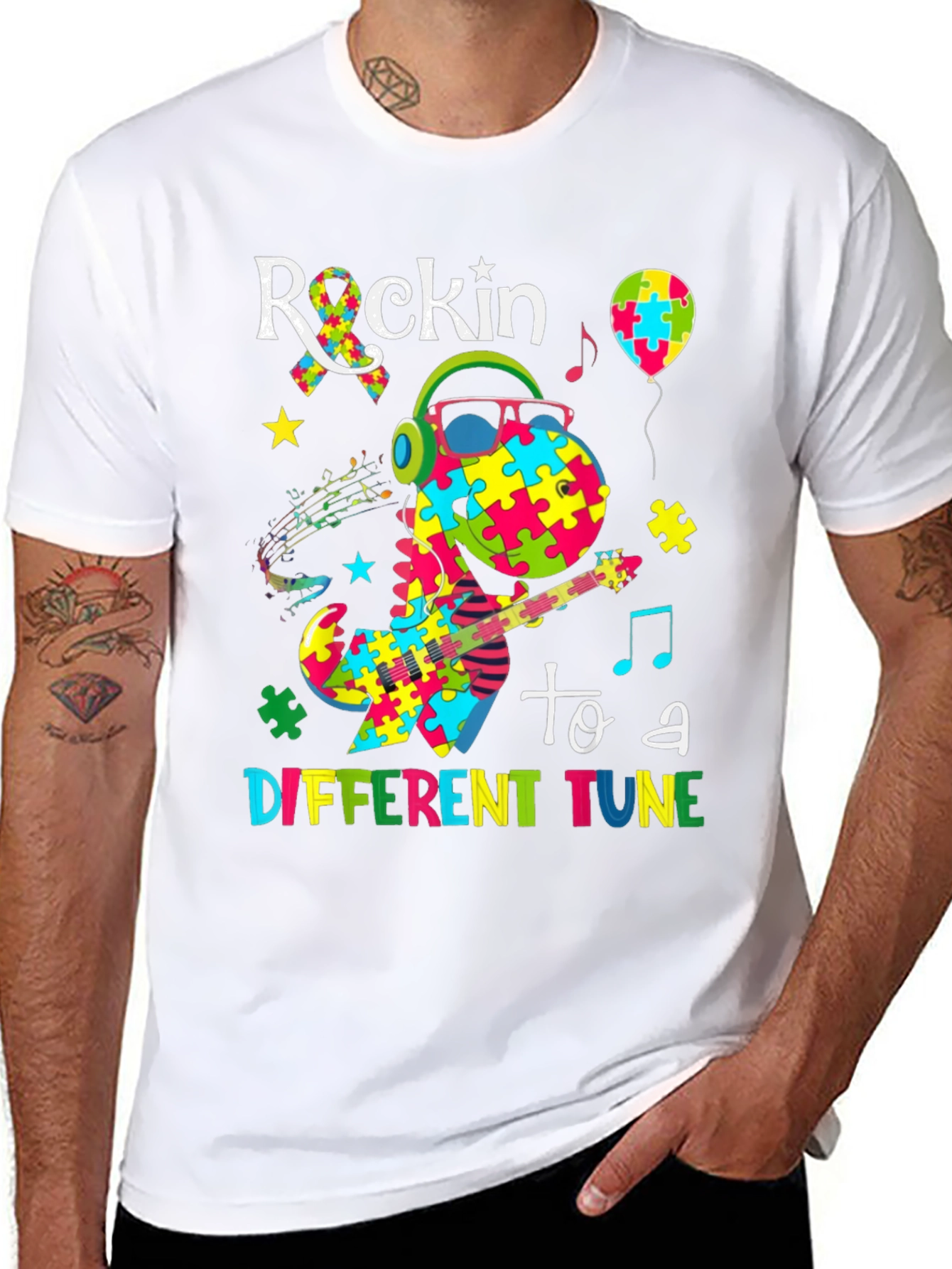 Rockin To A Different Tune Dinosaur Autism Awareness T-Shirt