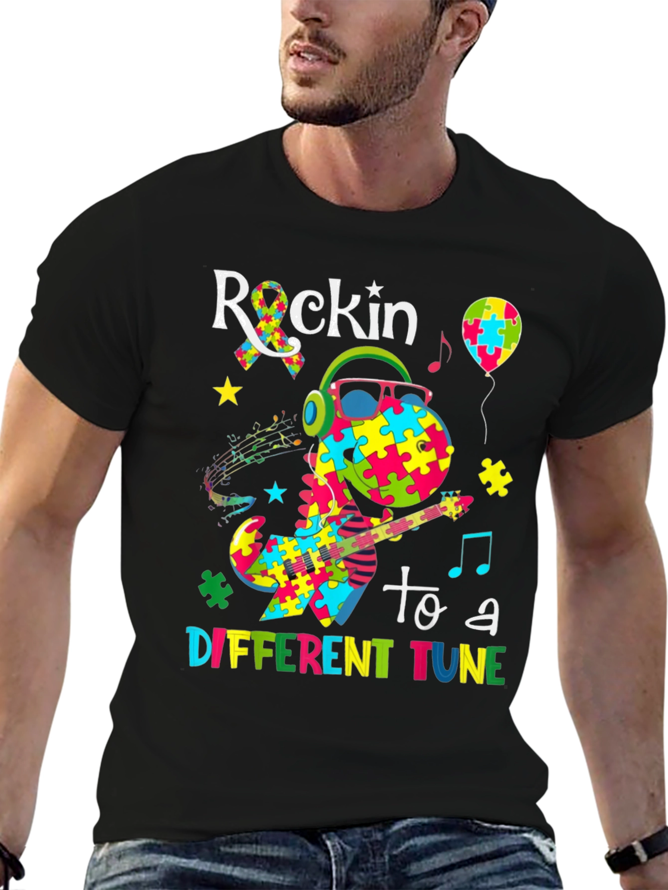 Rockin To A Different Tune Dinosaur Autism Awareness T-Shirt