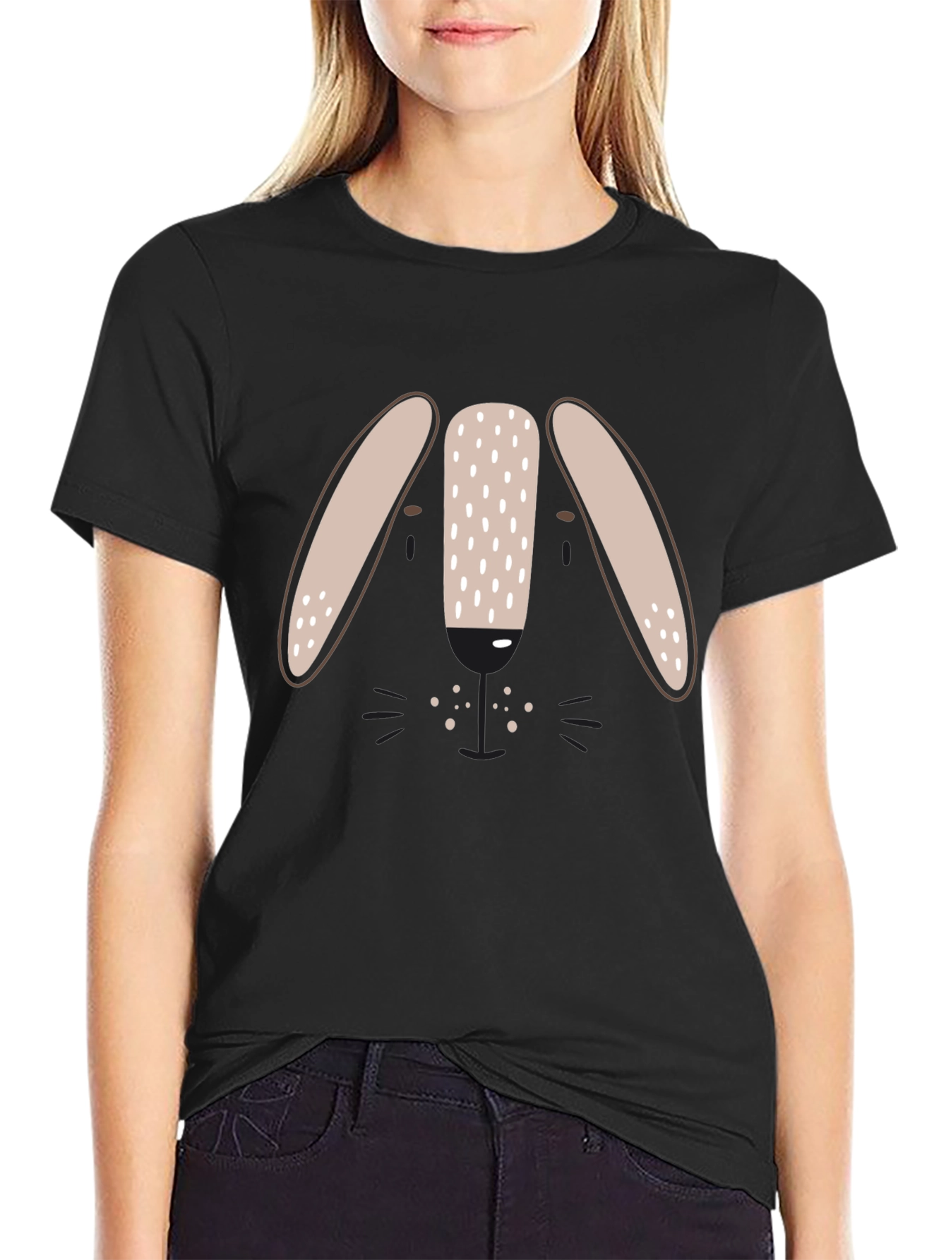 Cute Bunny Face Graphic Tee - Black Unisex T-Shirt