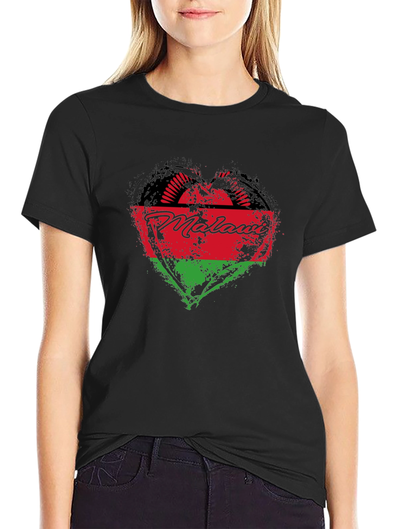 Malawi Heart Flag T-Shirt - Black Crew Neck