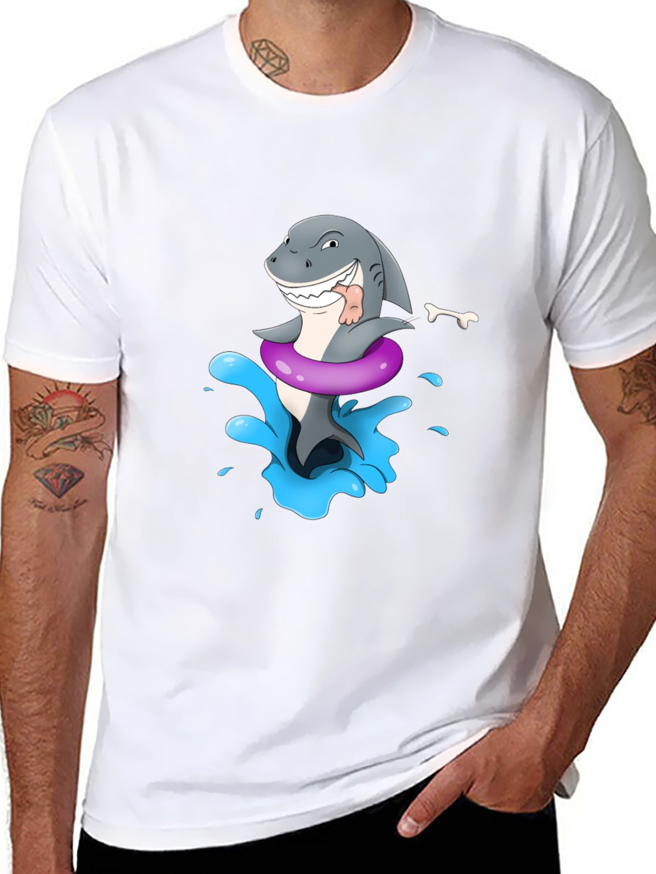 Cartoon Shark in Inflatable Ring Mens Black T-Shirt