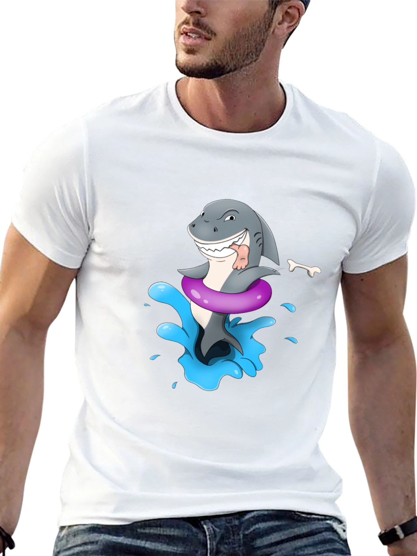Cartoon Shark in Inflatable Ring Mens Black T-Shirt