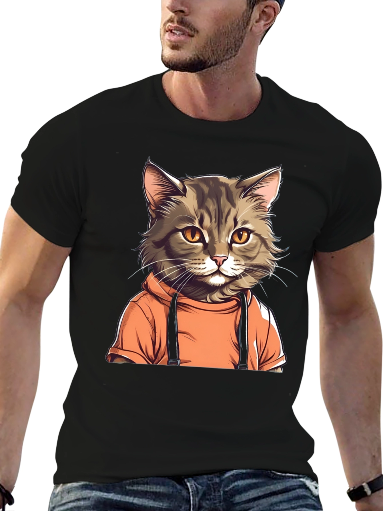 Cat in Hoodie Black T-Shirt
