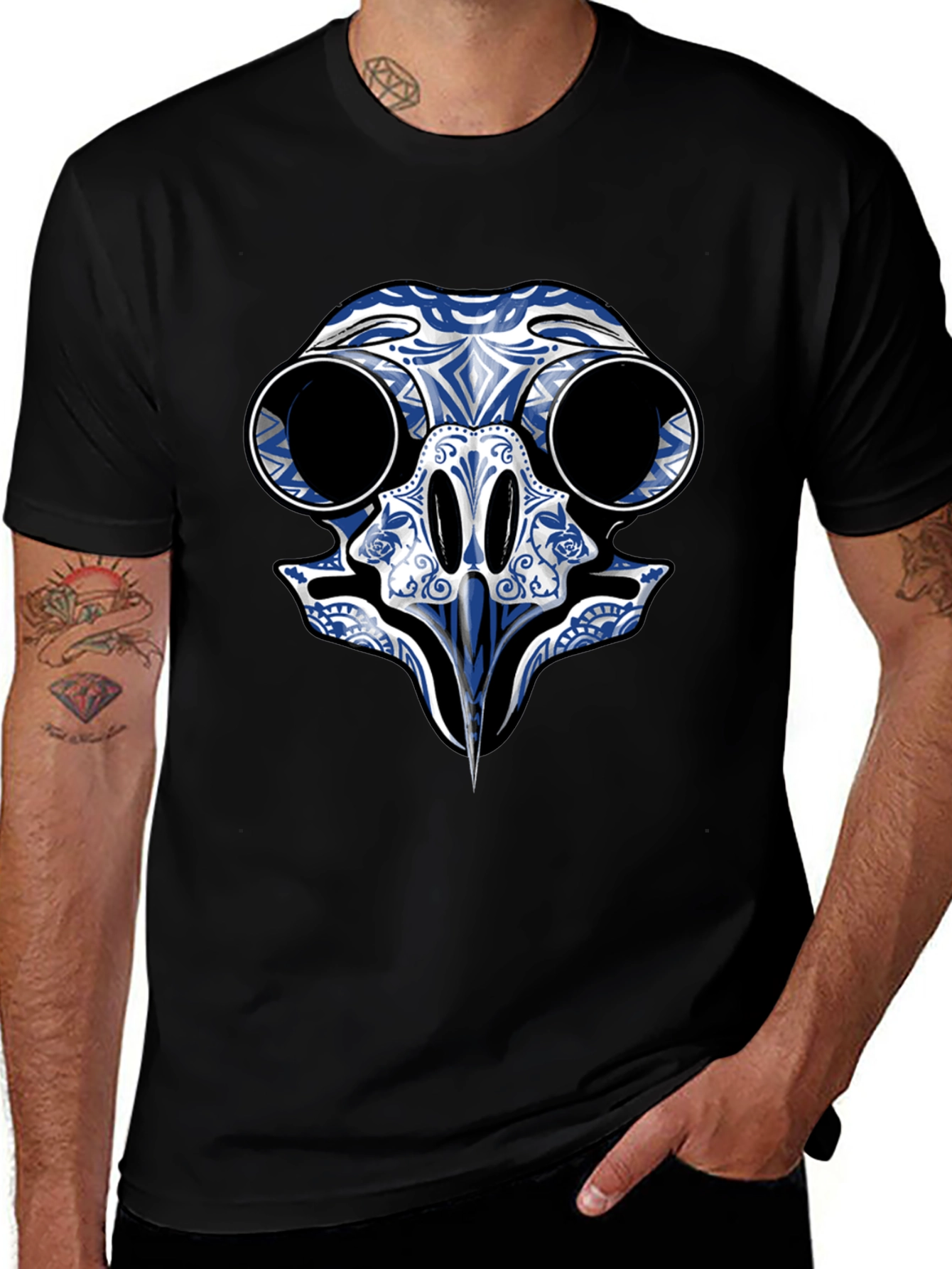 Black T-Shirt with Blue Skull Bird Design