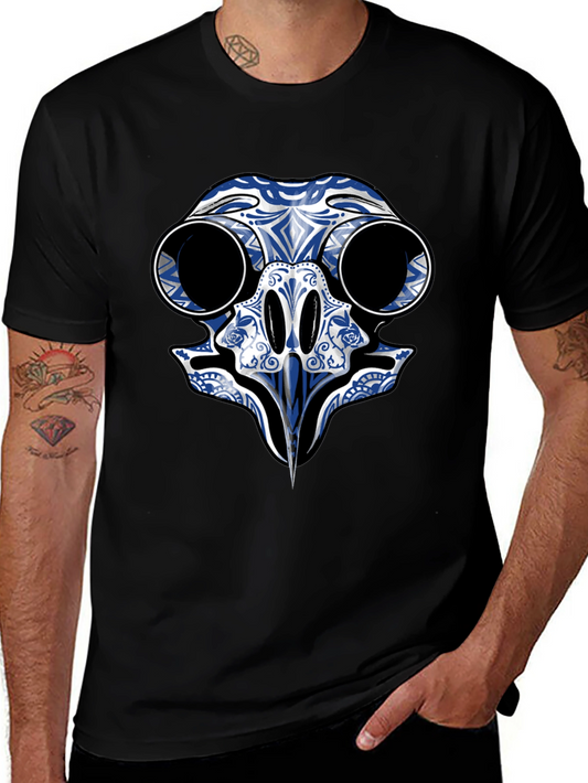 Black T-Shirt with Blue Skull Bird Design