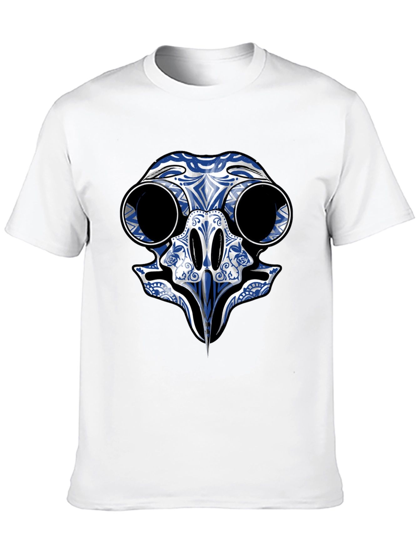 Black T-Shirt with Blue Skull Bird Design