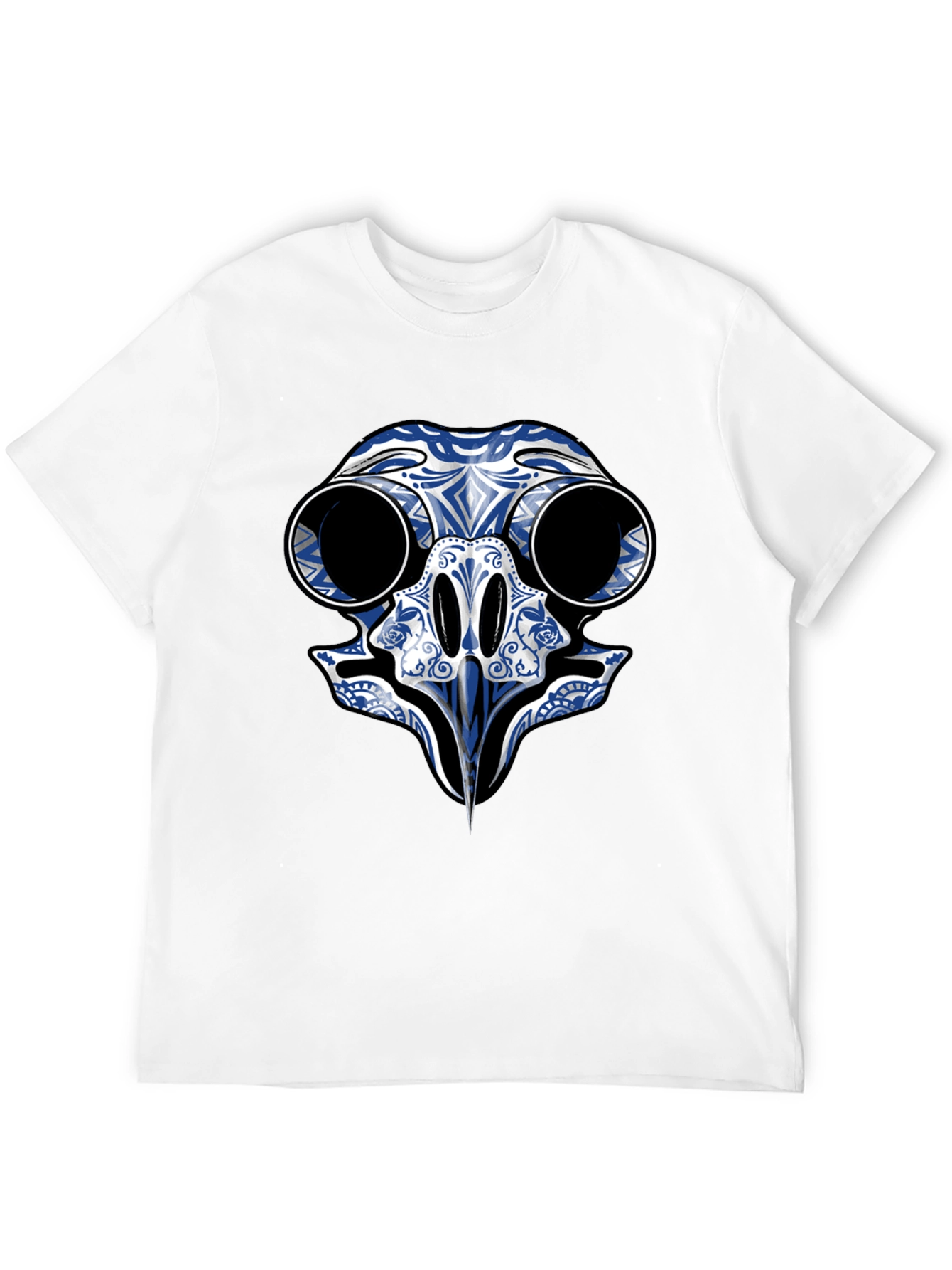 Black T-Shirt with Blue Skull Bird Design