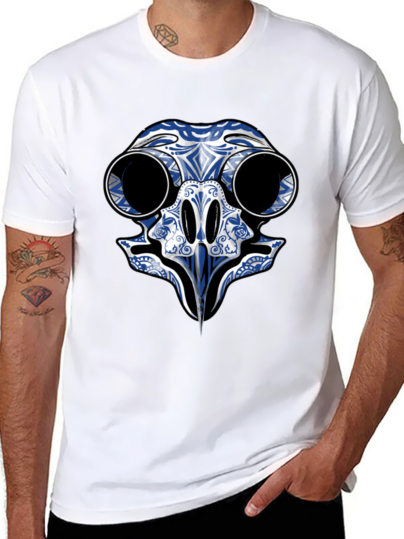 Black T-Shirt with Blue Skull Bird Design