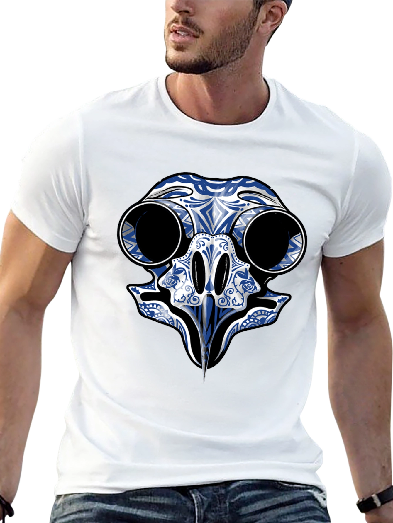 Black T-Shirt with Blue Skull Bird Design