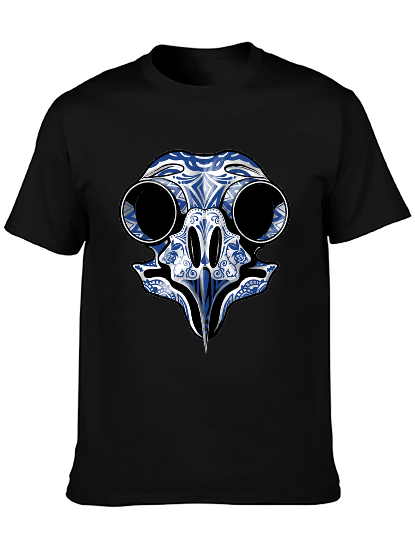 Black T-Shirt with Blue Skull Bird Design