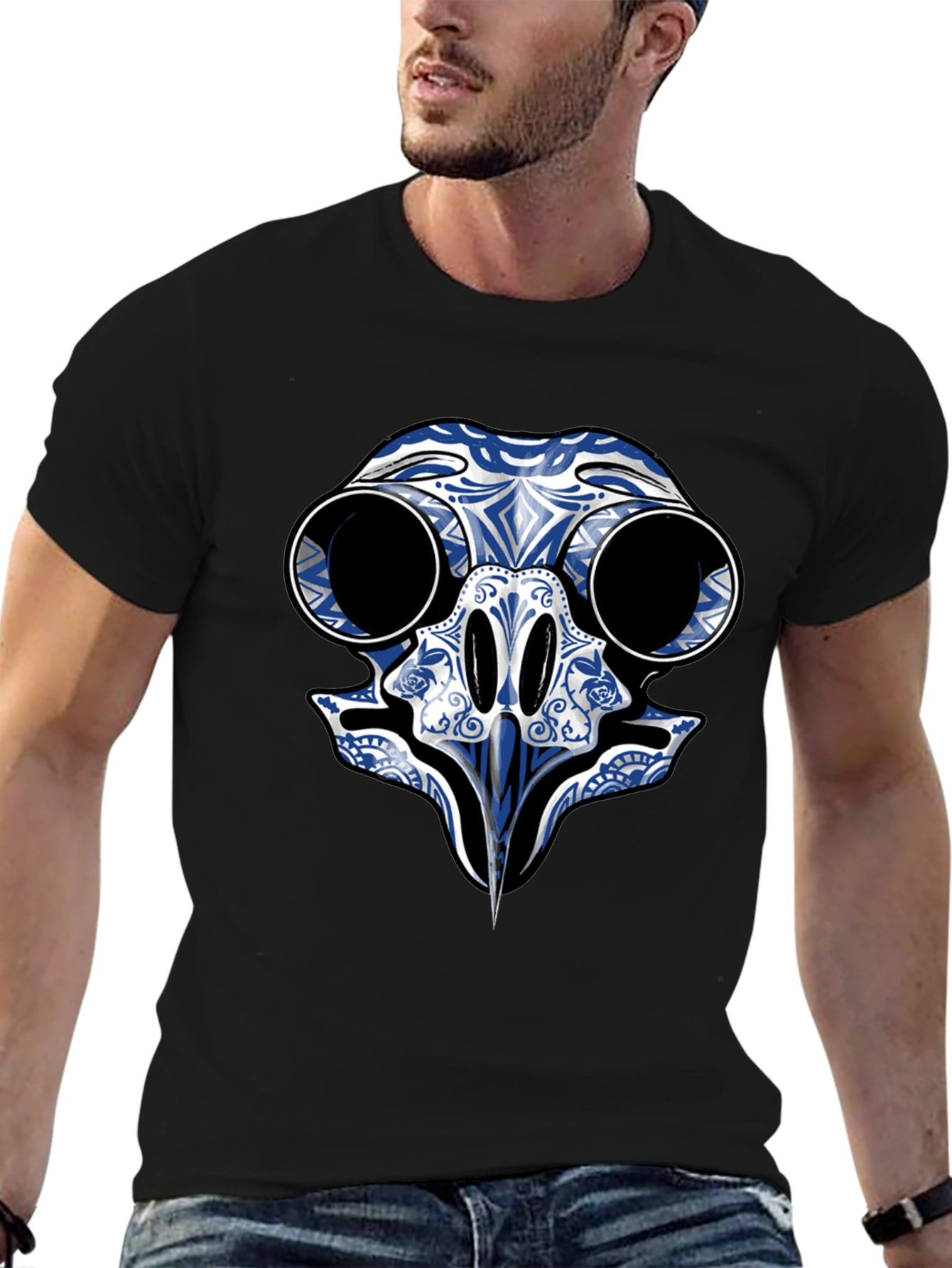 Black T-Shirt with Blue Skull Bird Design