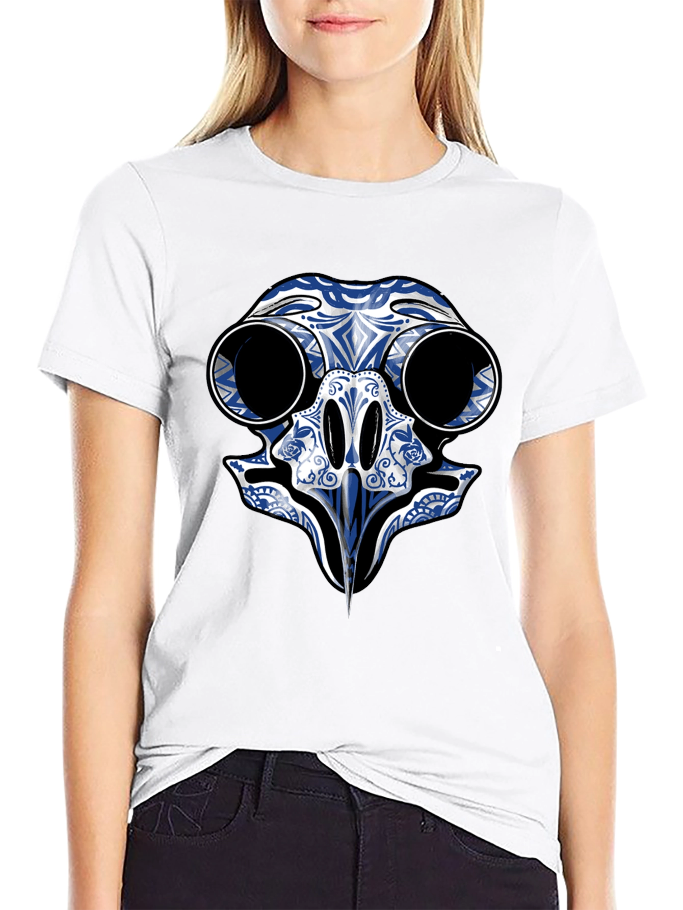 Black T-Shirt with Blue Skull Bird Design