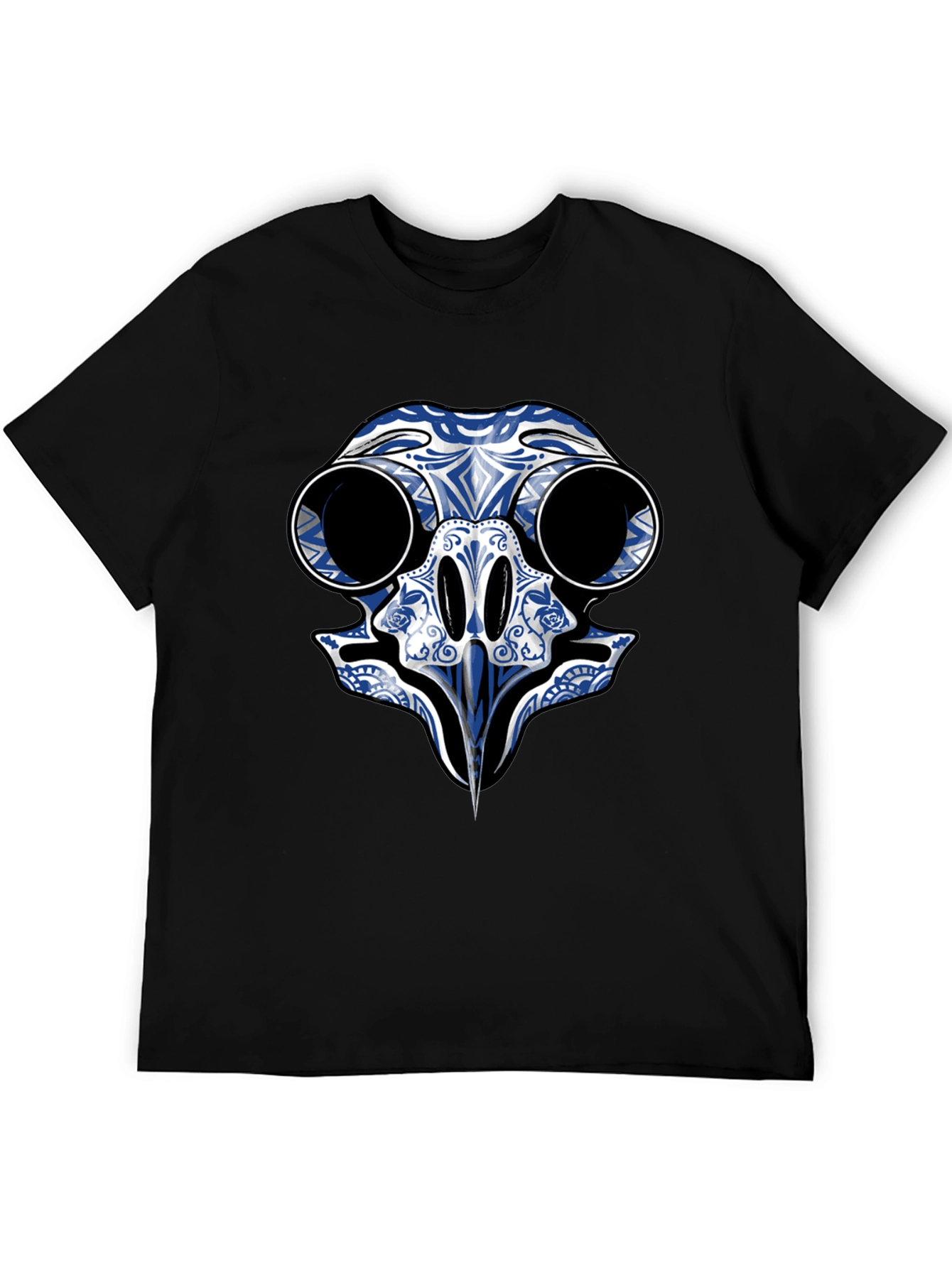 Black T-Shirt with Blue Skull Bird Design