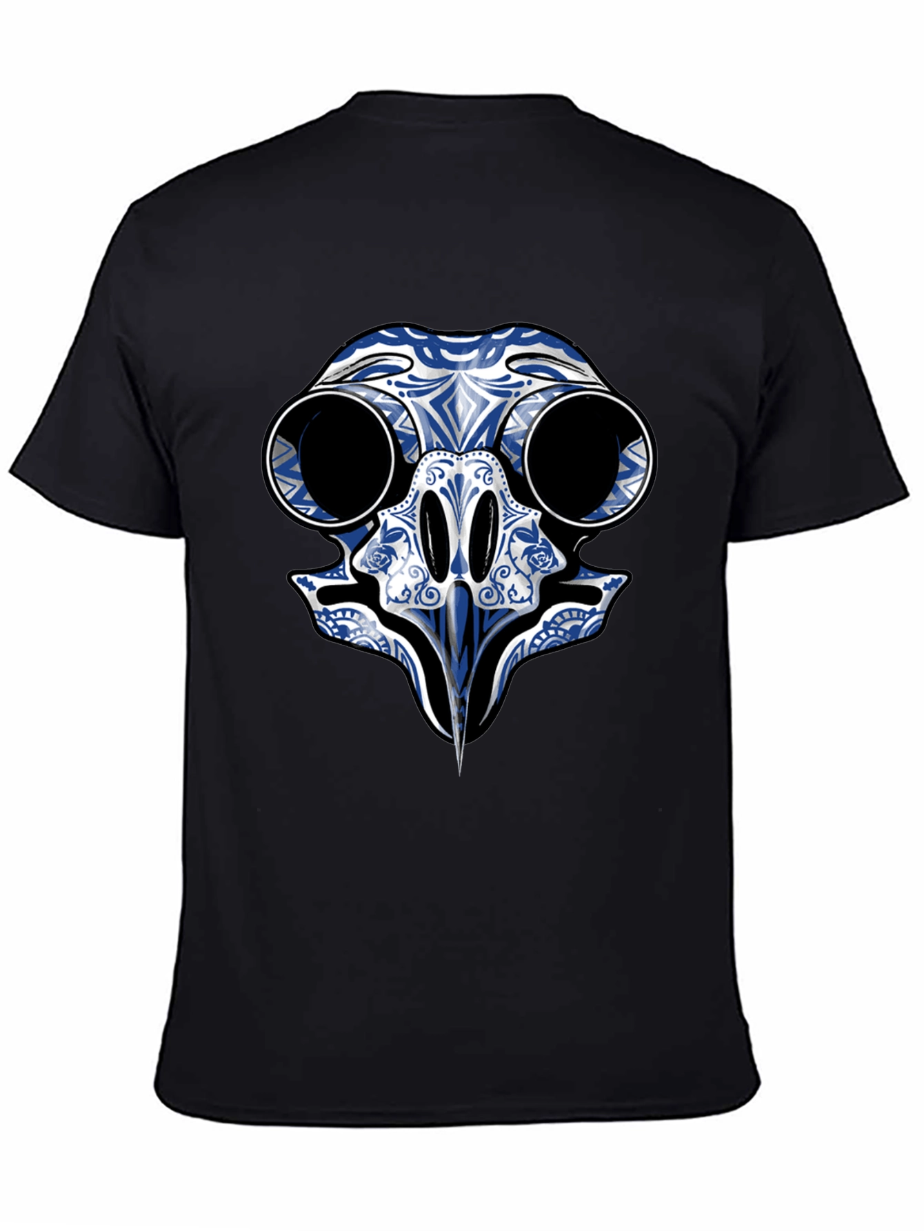 Black T-Shirt with Blue Skull Bird Design
