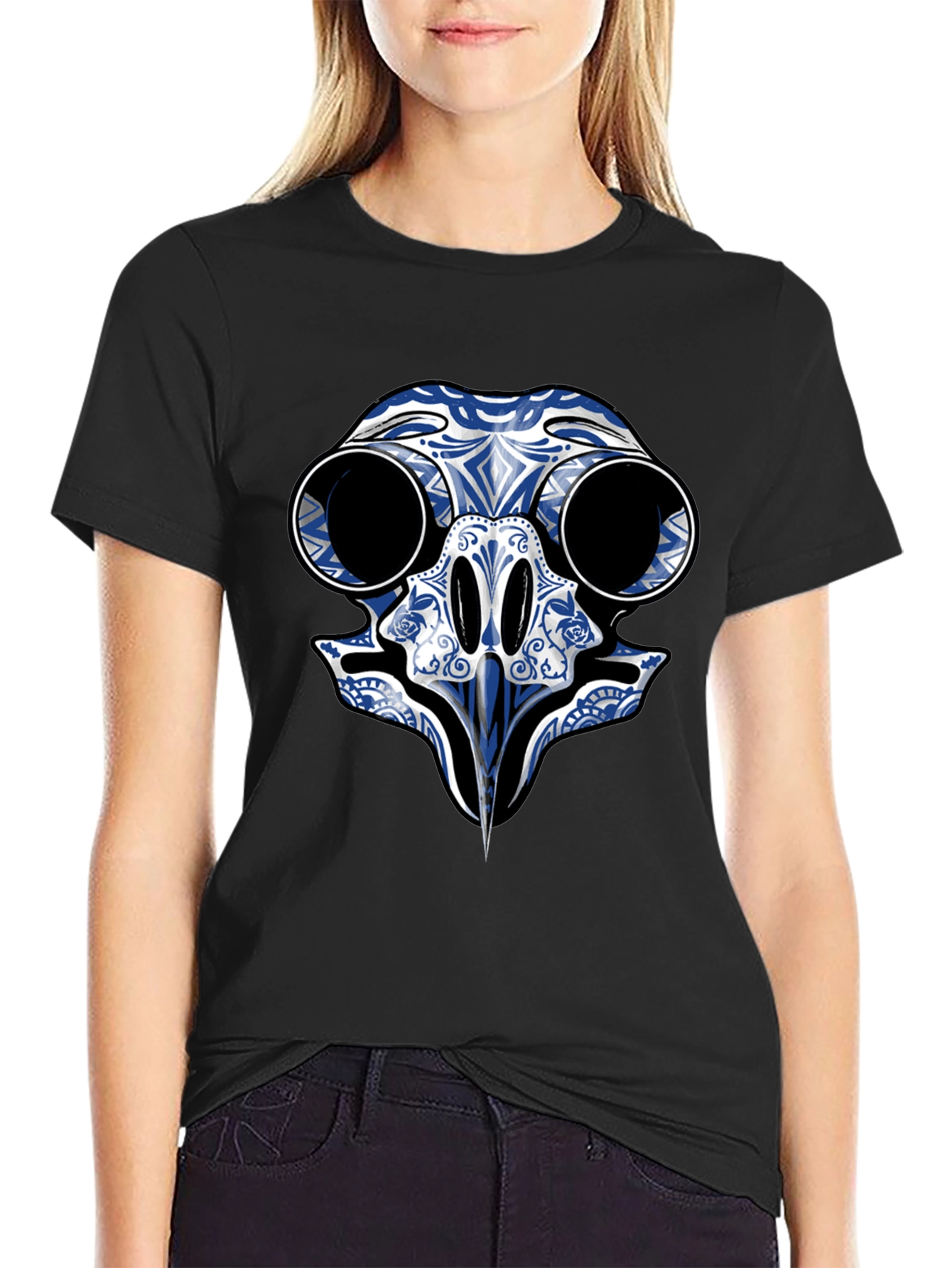 Black T-Shirt with Blue Skull Bird Design
