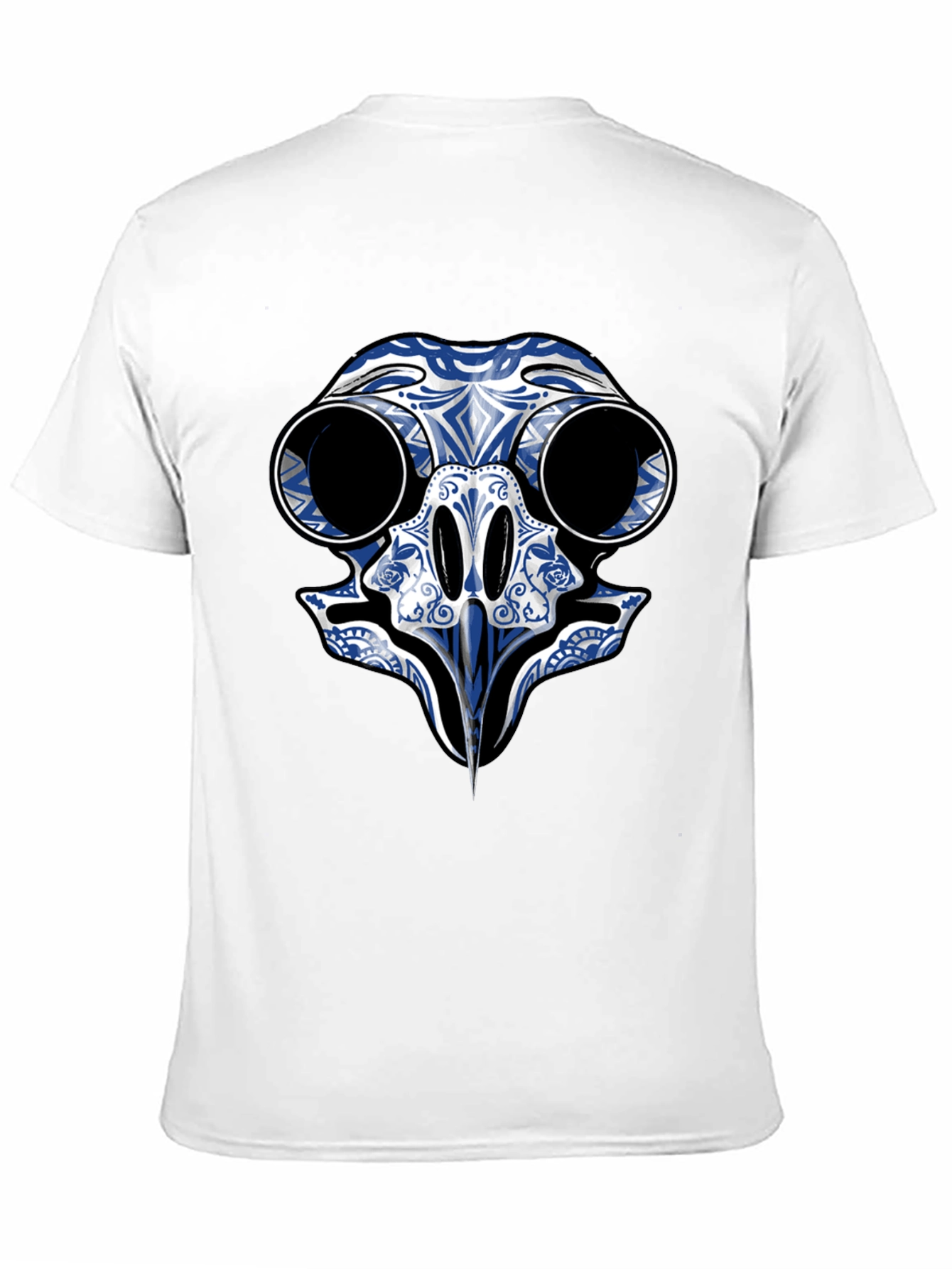 Black T-Shirt with Blue Skull Bird Design