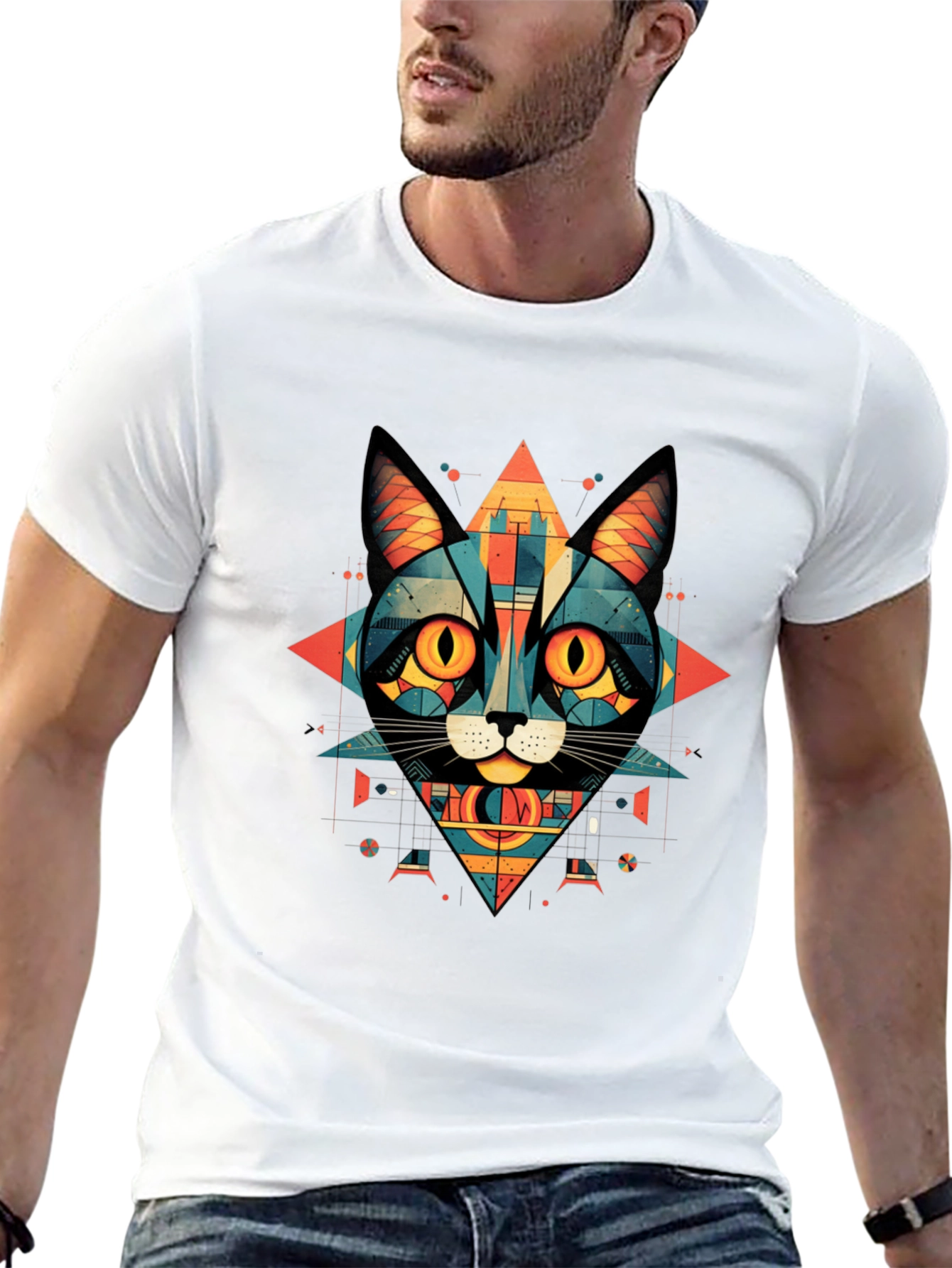 Geometric Cat Graphic Tee - Abstract Style