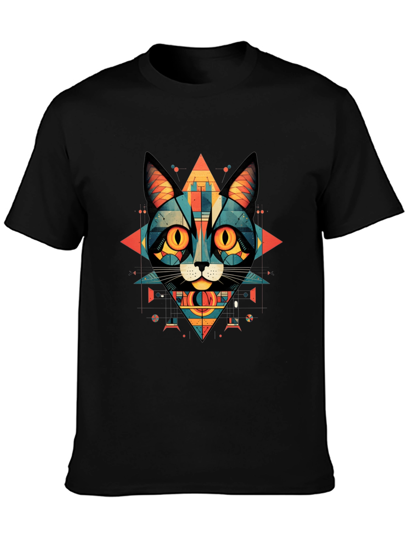Geometric Cat Graphic Tee - Abstract Style