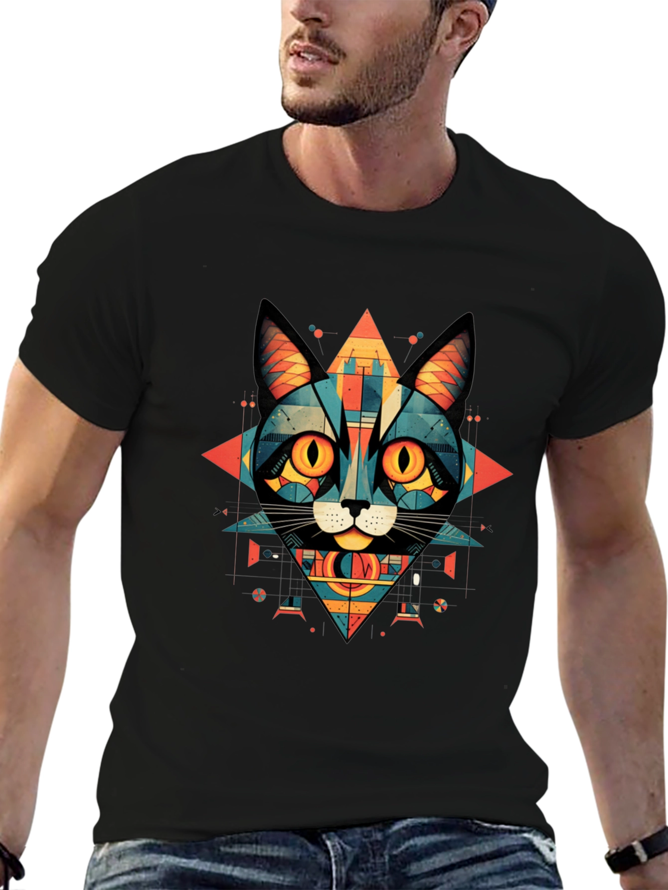 Geometric Cat Graphic Tee - Abstract Style
