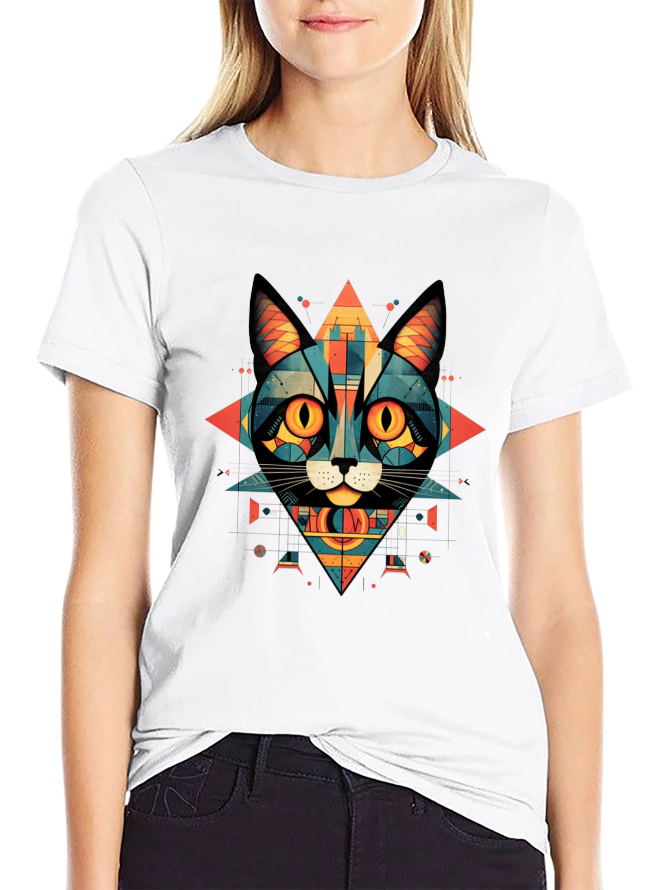 Geometric Cat Graphic Tee - Abstract Style