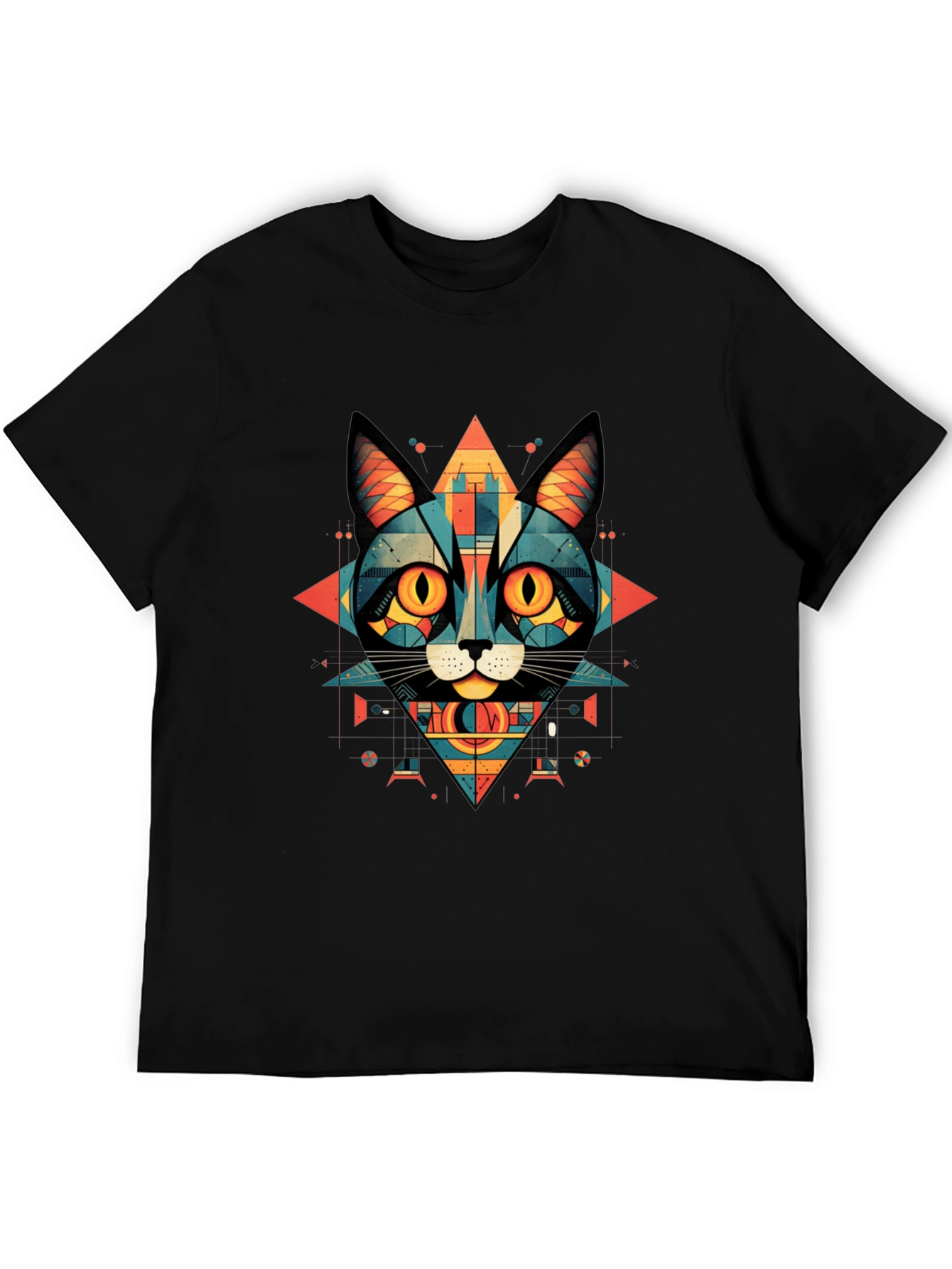 Geometric Cat Graphic Tee - Abstract Style