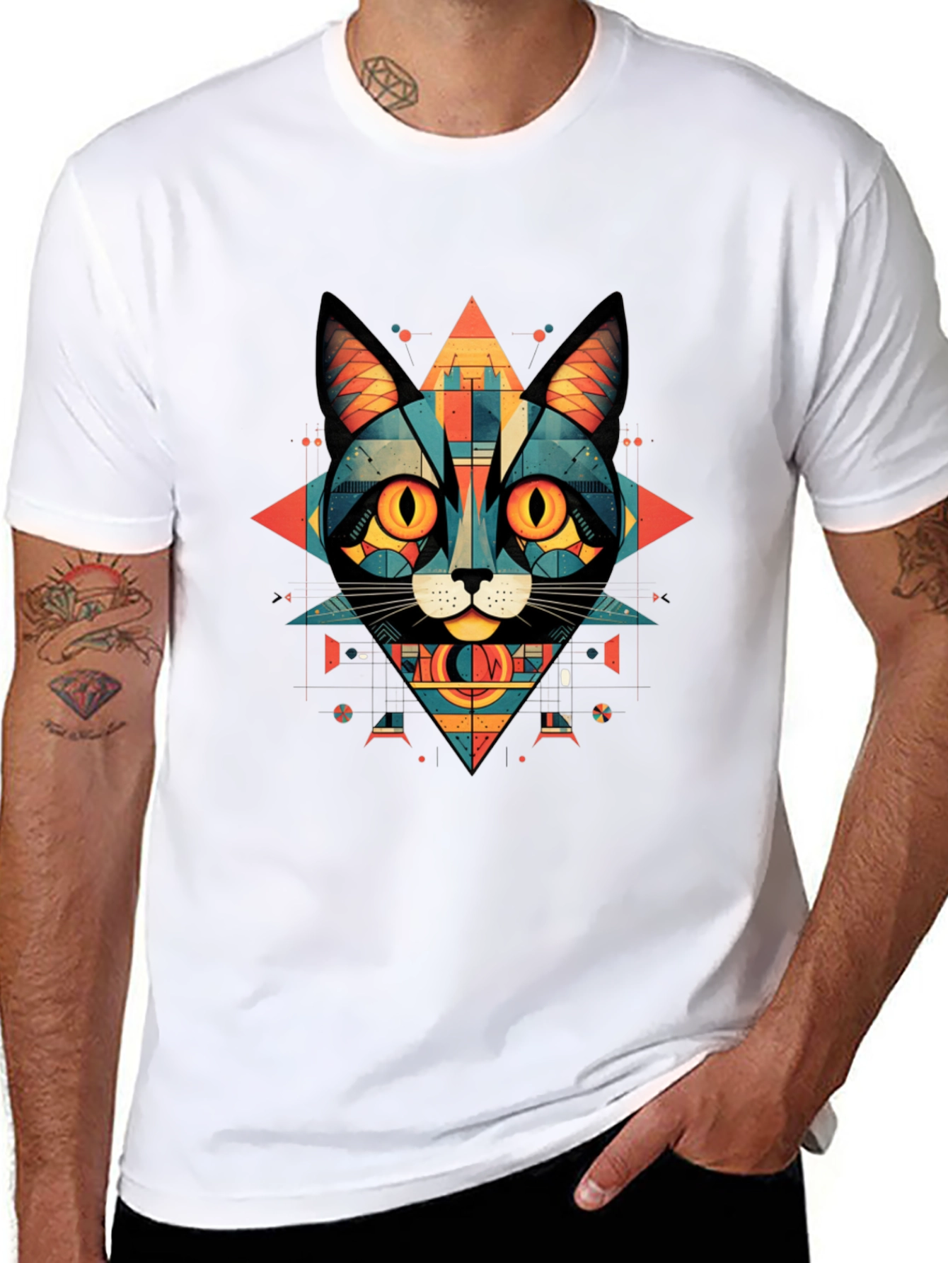 Geometric Cat Graphic Tee - Abstract Style