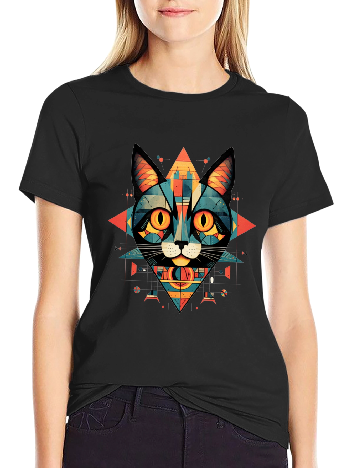 Geometric Cat Graphic Tee - Abstract Style