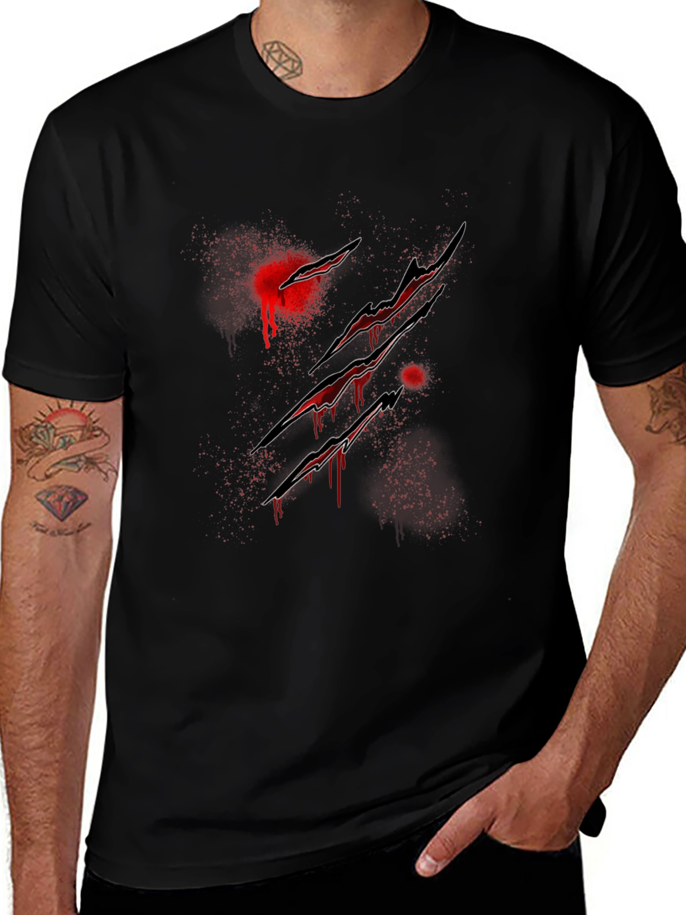 Mens Black T-Shirt with Claw Marks Graphic