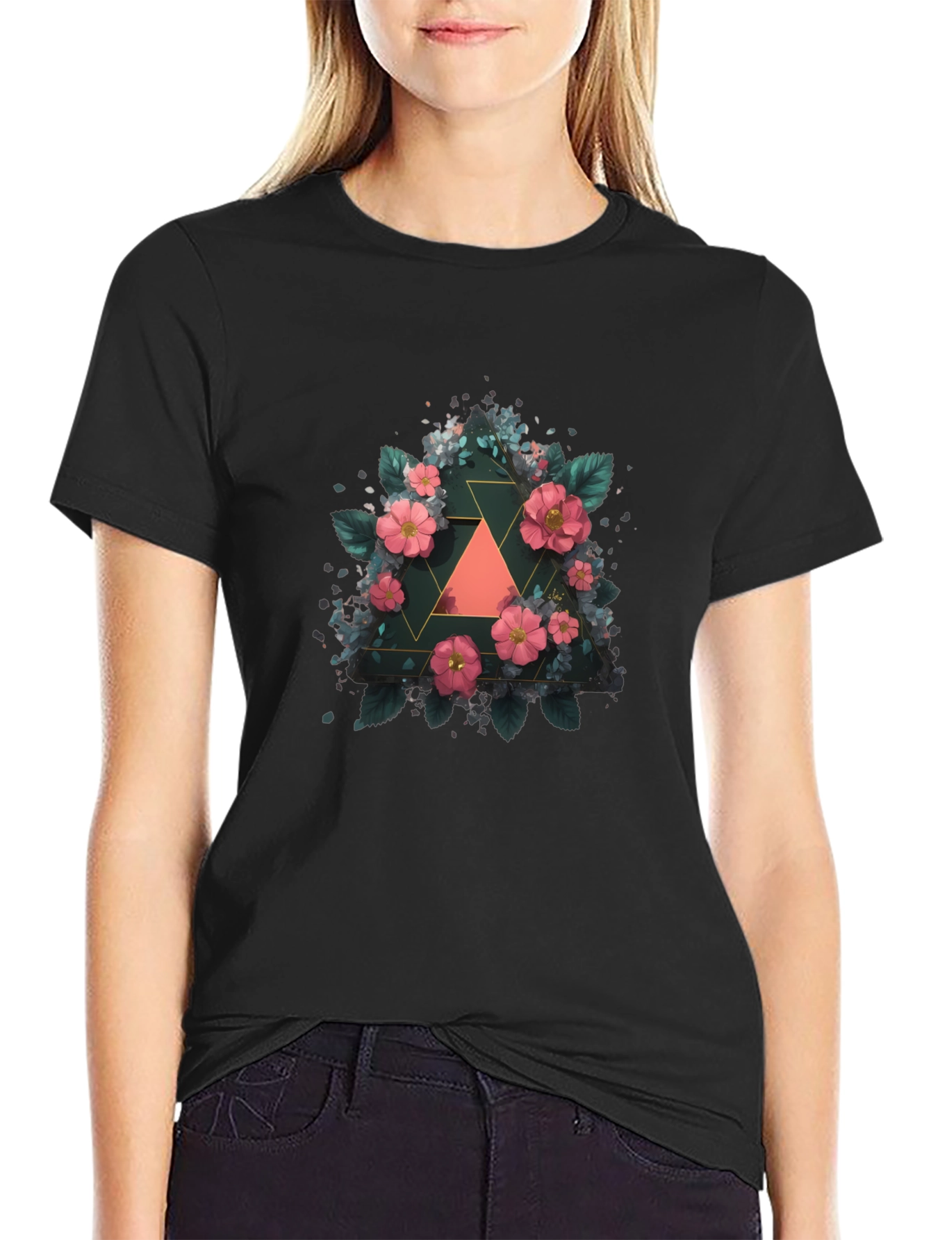 Floral Geometric Triangle Graphic Tee - Stylish Design
